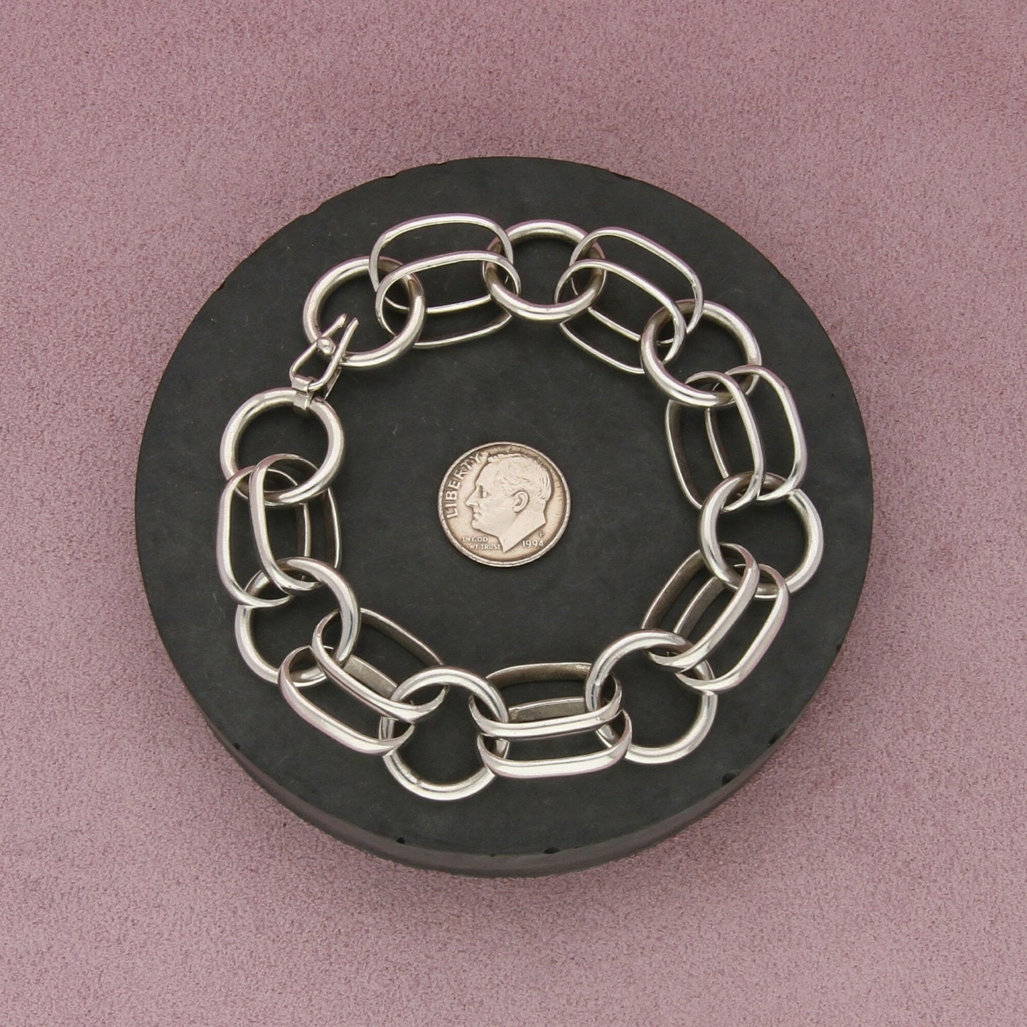 sterling silver vintage oval & circle link chain bracelet size 7.5in