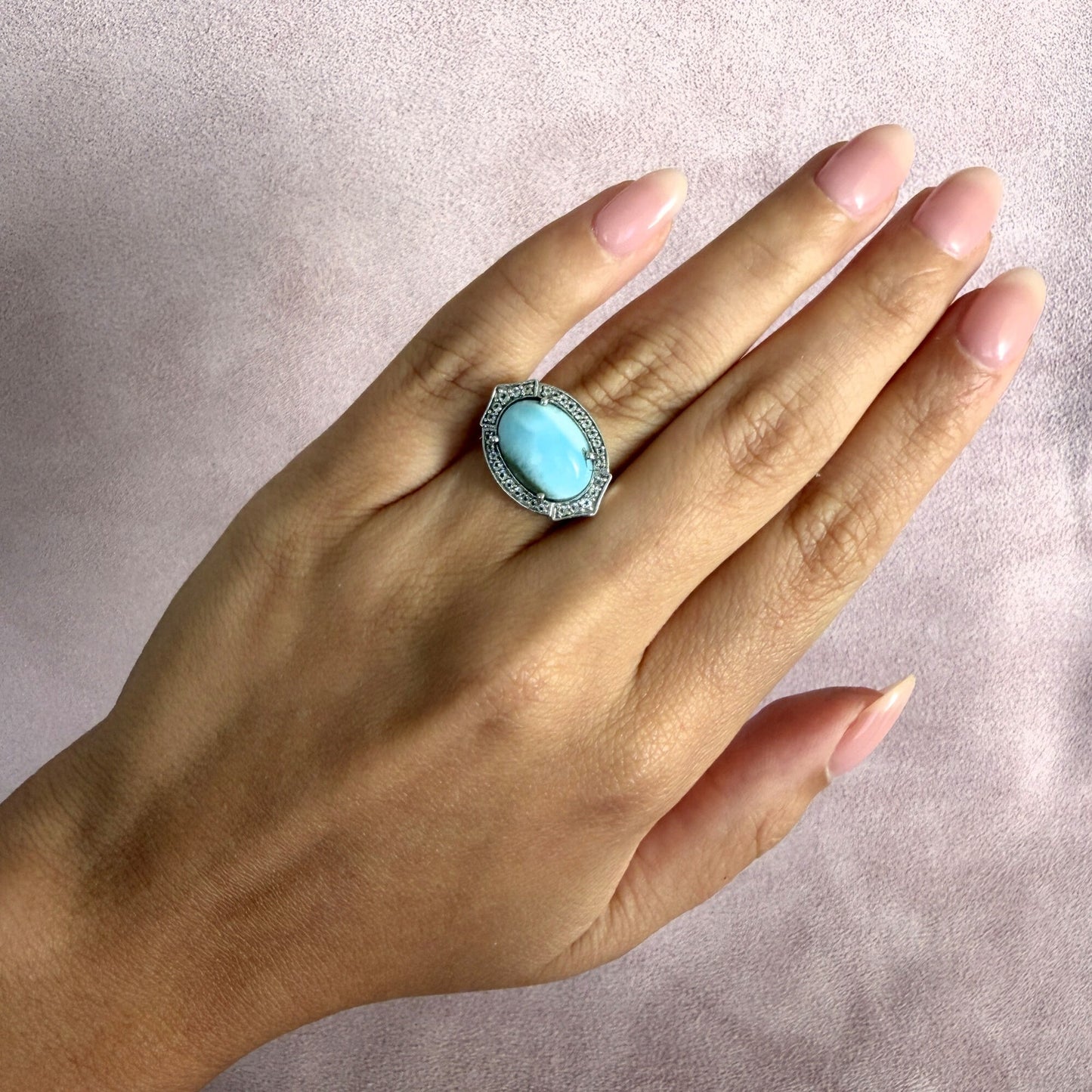 sterling silver blue larimar cabochon & white topaz halo ring size 6