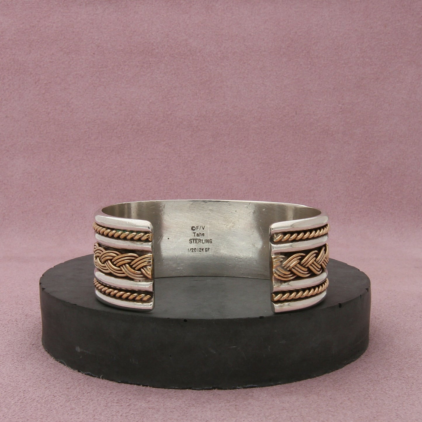 navajo sterling silver & 12k gold filled tahe braided cuff bracelet size 6.25in