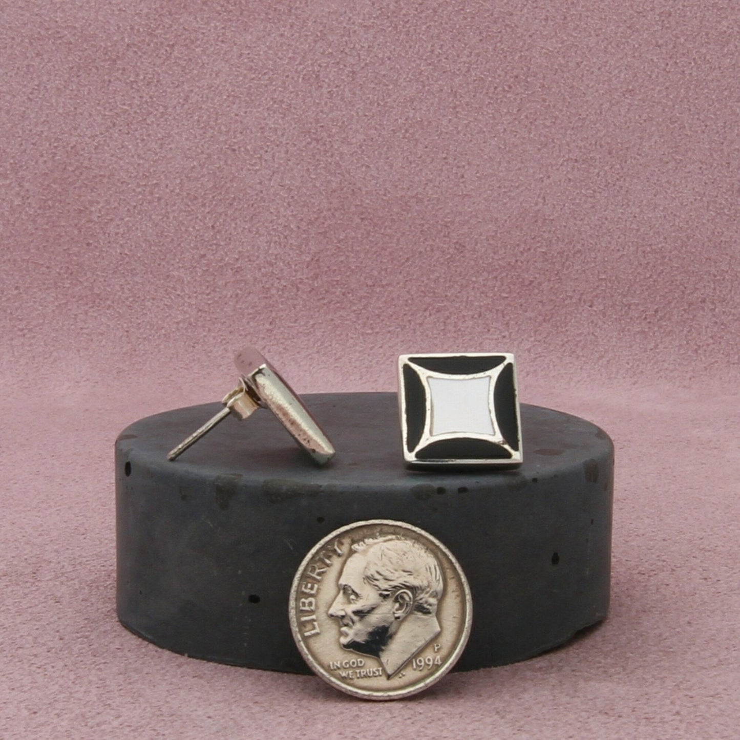 sterling silver onyx & mother of pearl inlay square stud earrings