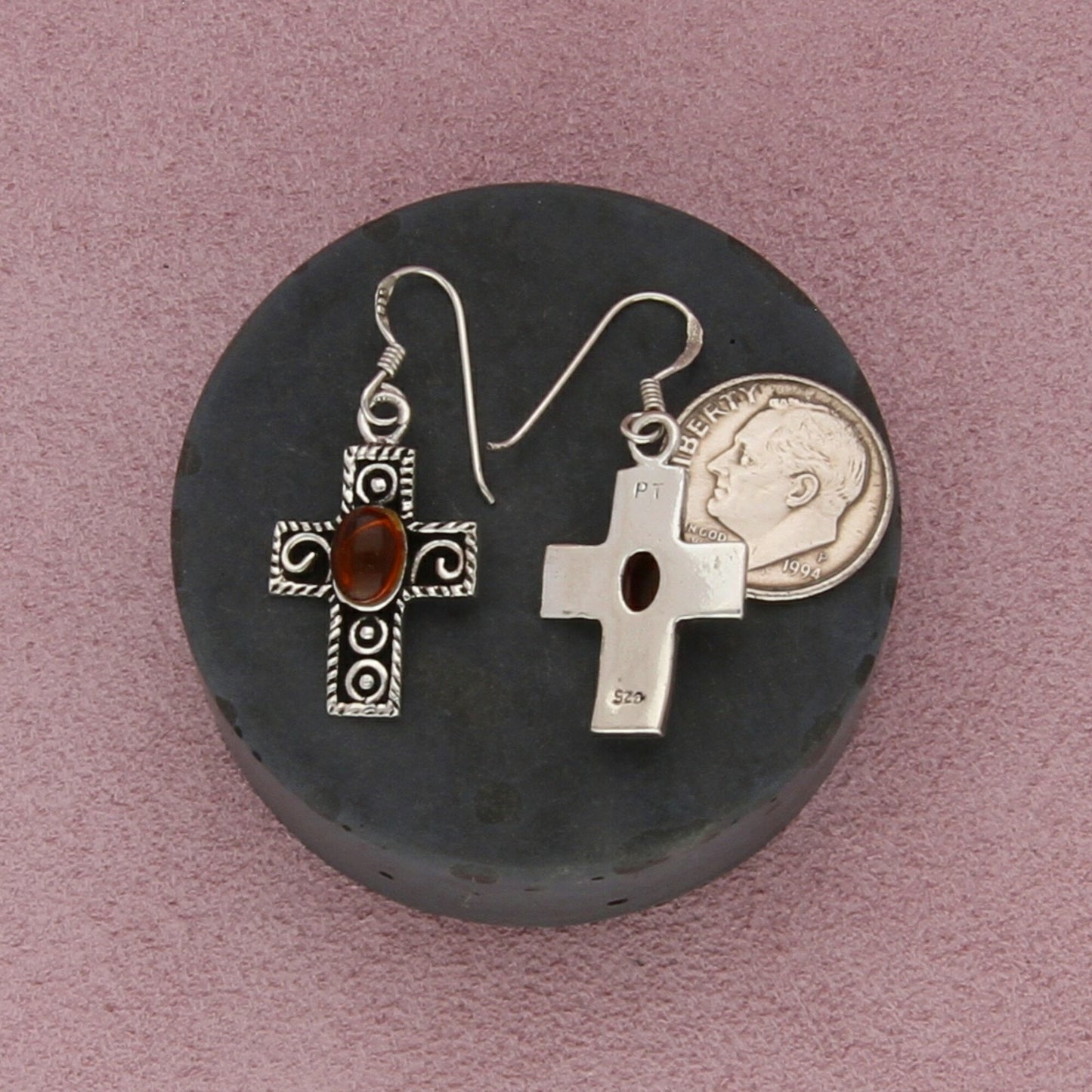sterling silver amber cross dangle earrings