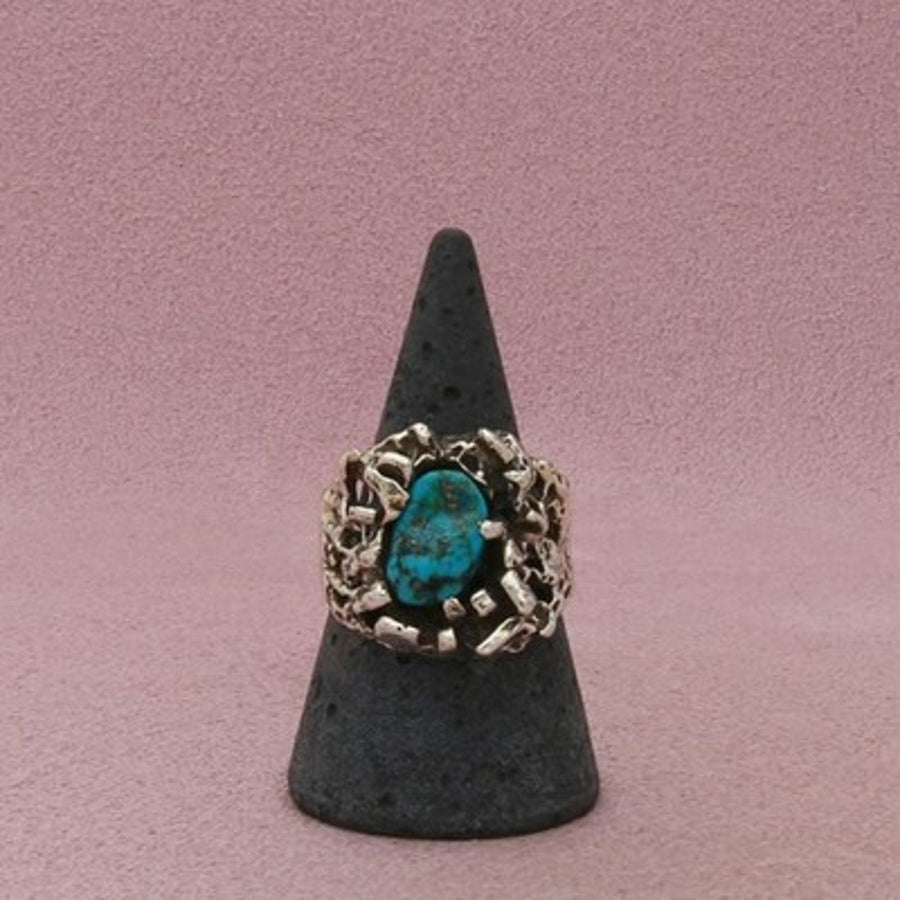 Sterling Silver Men's Vintage Brutalist Turquoise Openwork Ring Size 9.5