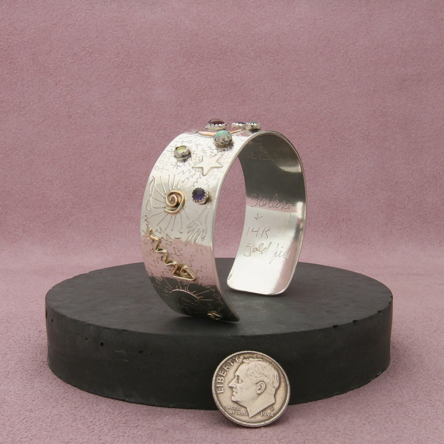 sterling silver & 14k gold fill artisan-made moon cuff bracelet size 6.25in