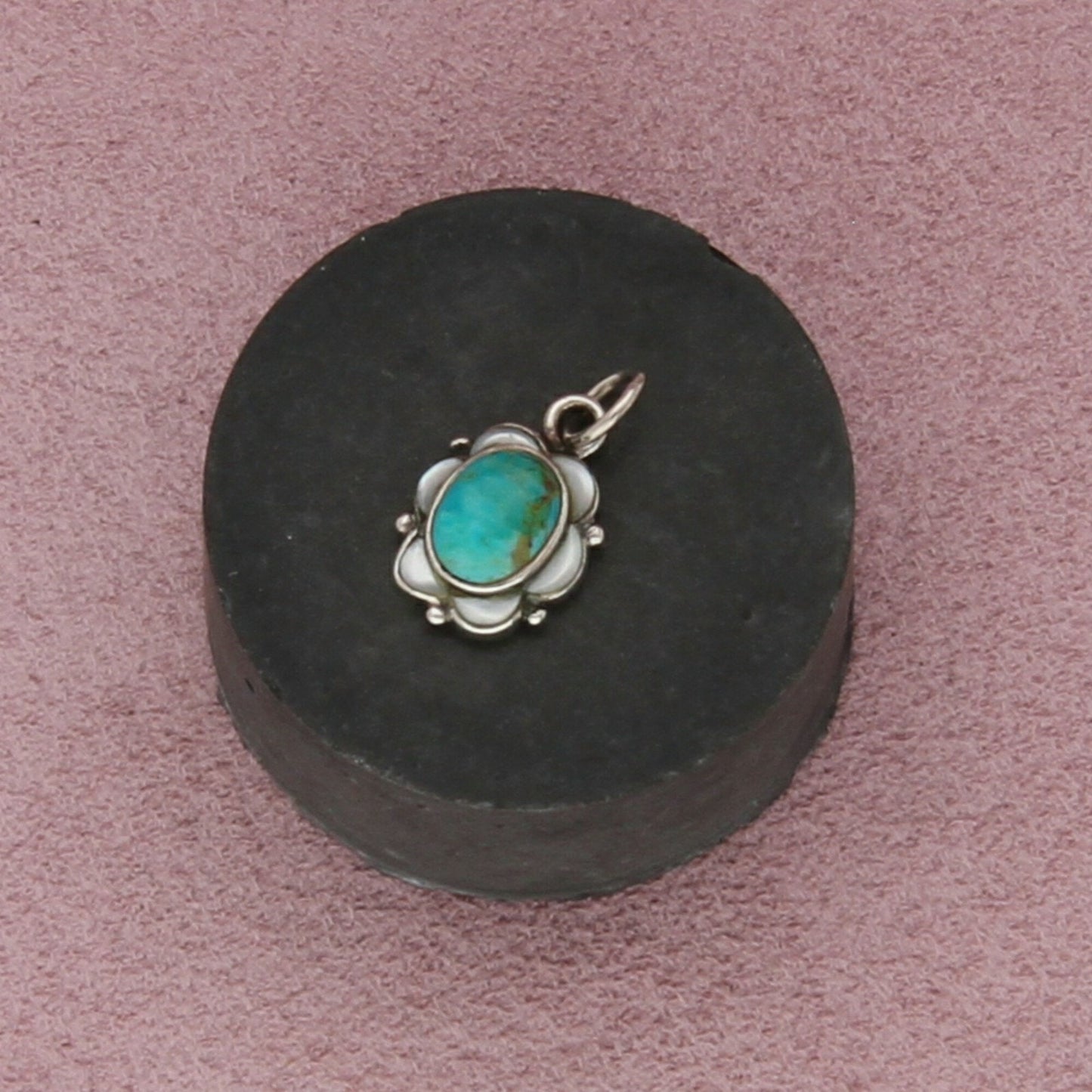 sterling silver turquoise & mother of pearl flower pendant