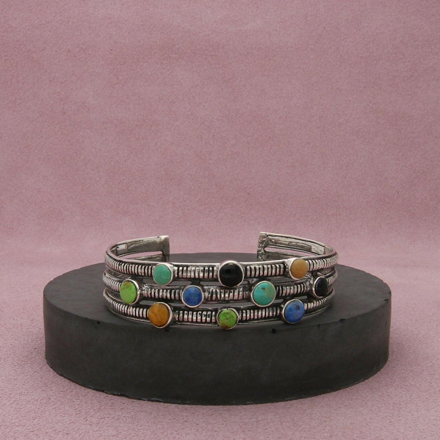 sterling silver turquoise onyx denim lapis cuff bracelet size 6.25in