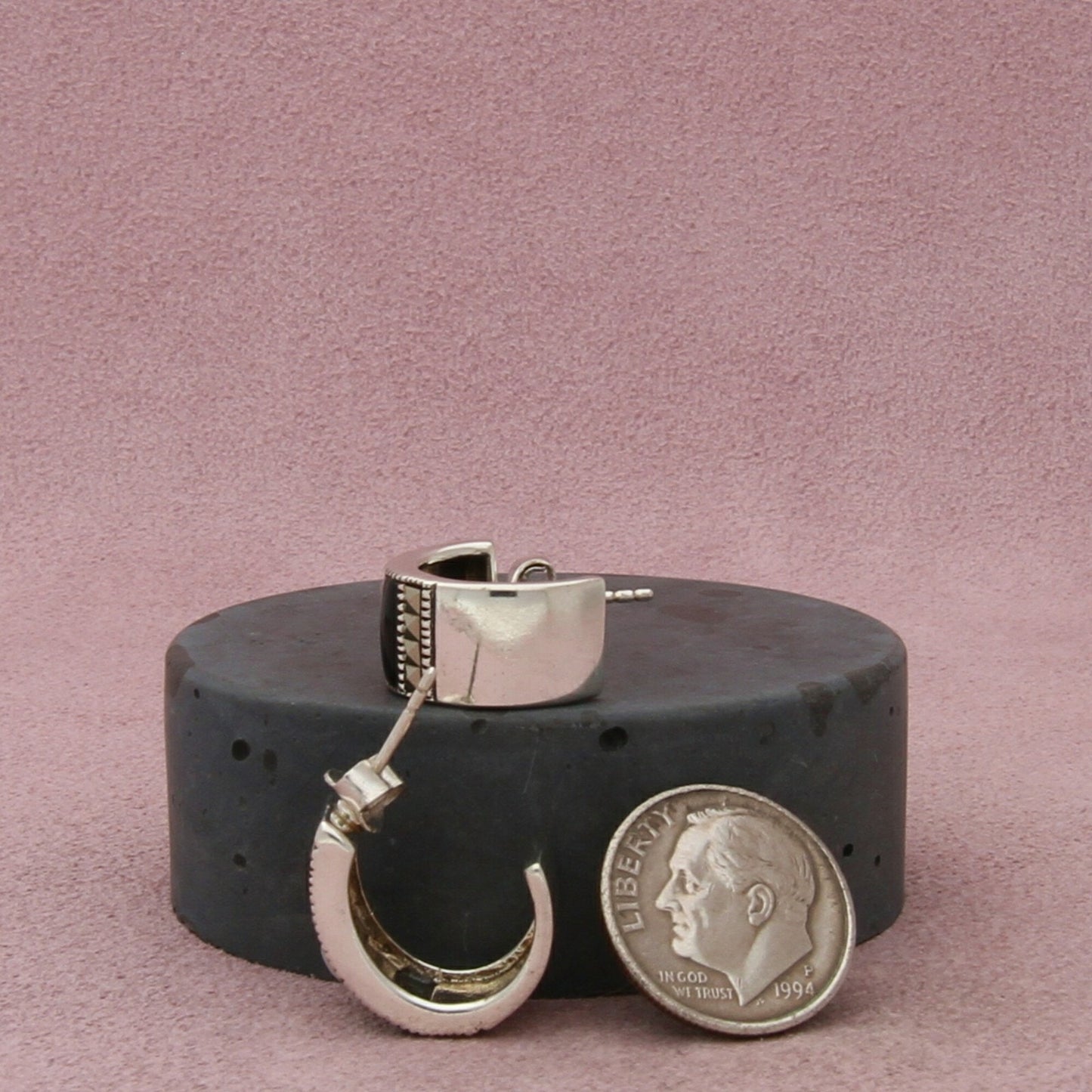 sterling silver onyx mother-of-pearl & marcasite j-hoop earrings
