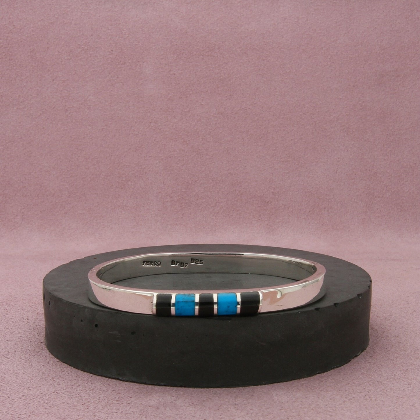mexico sterling silver vintage turquoise onyx hinged bracelet size 6.5in