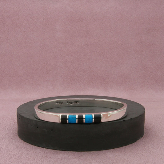 mexico sterling silver vintage turquoise onyx hinged bracelet size 6.5in
