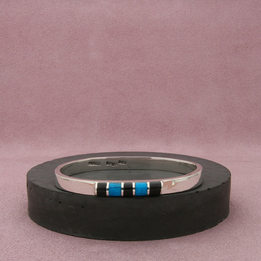mexico sterling silver vintage turquoise onyx hinged bracelet size 6.5in
