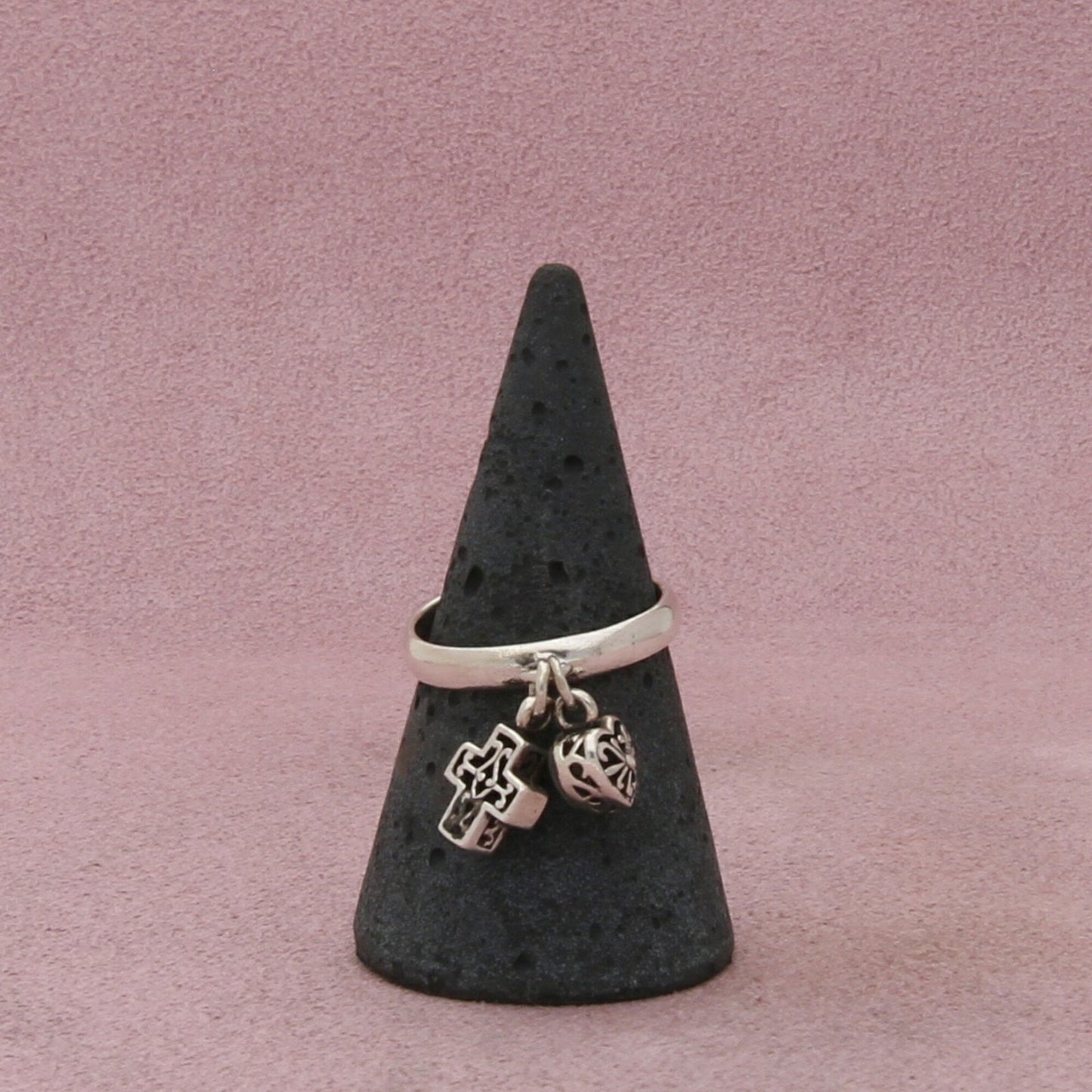 sterling silver onyx cross & mop heart charm ring size 6.75