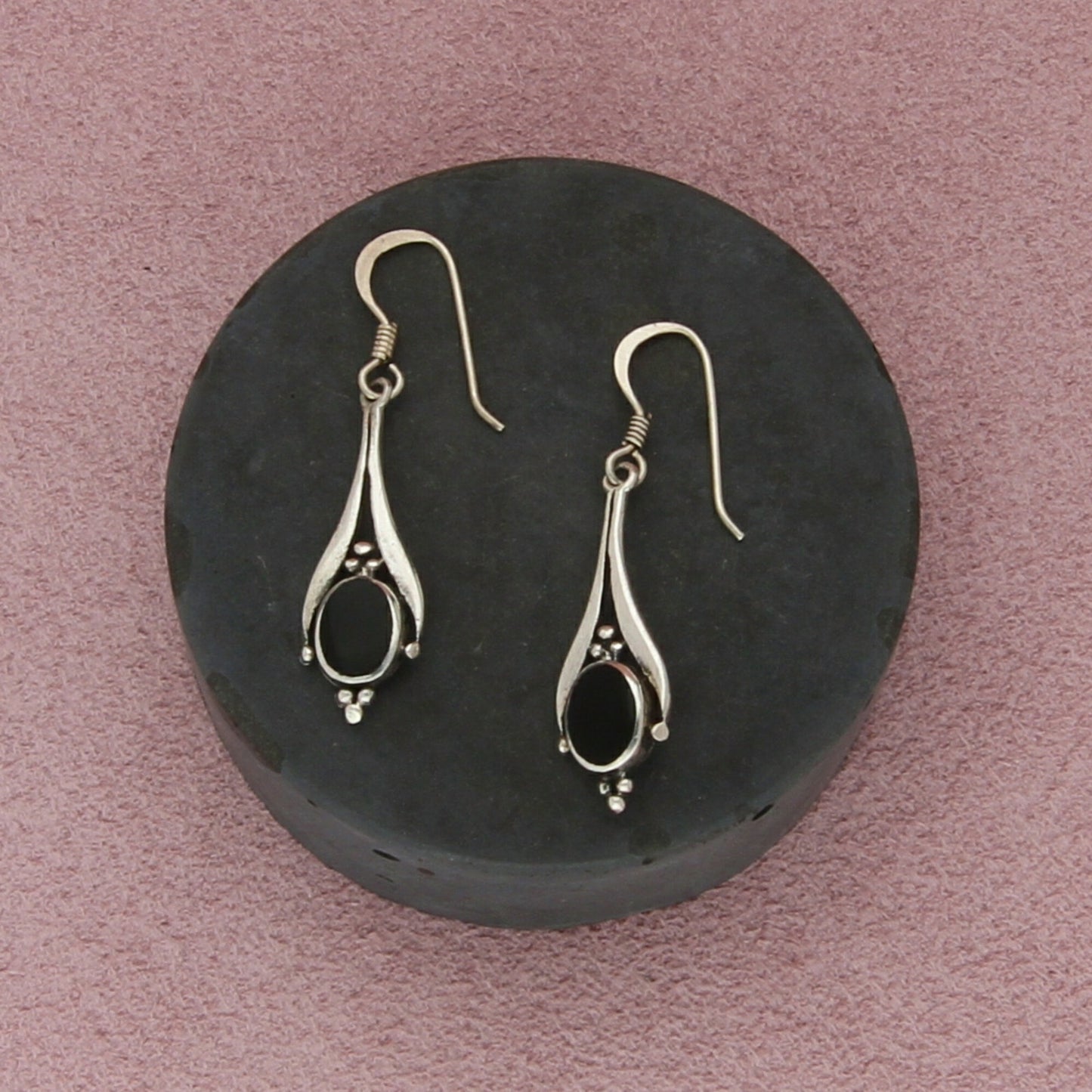 sterling silver vintage beaded black onyx dangle earrings