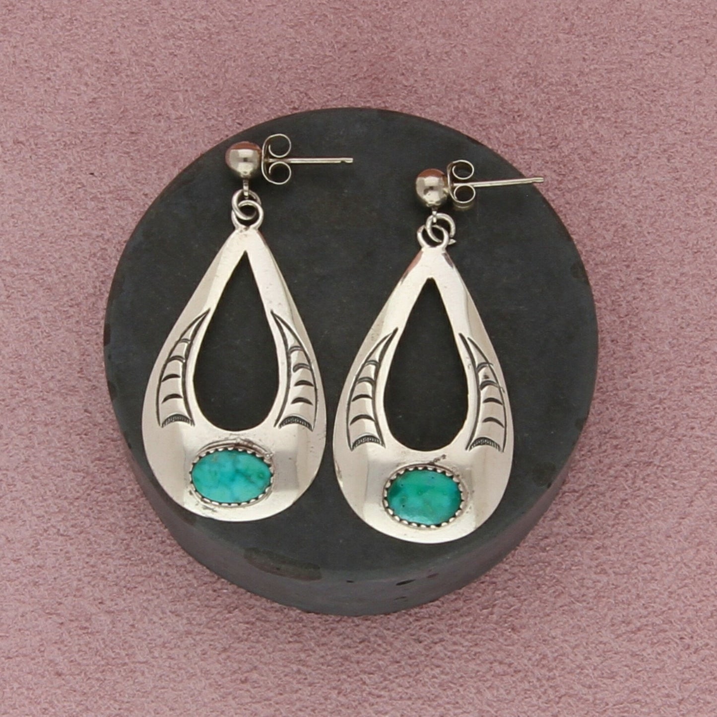 navajo sterling silver vintage signed turquoise drop post dangle earrings