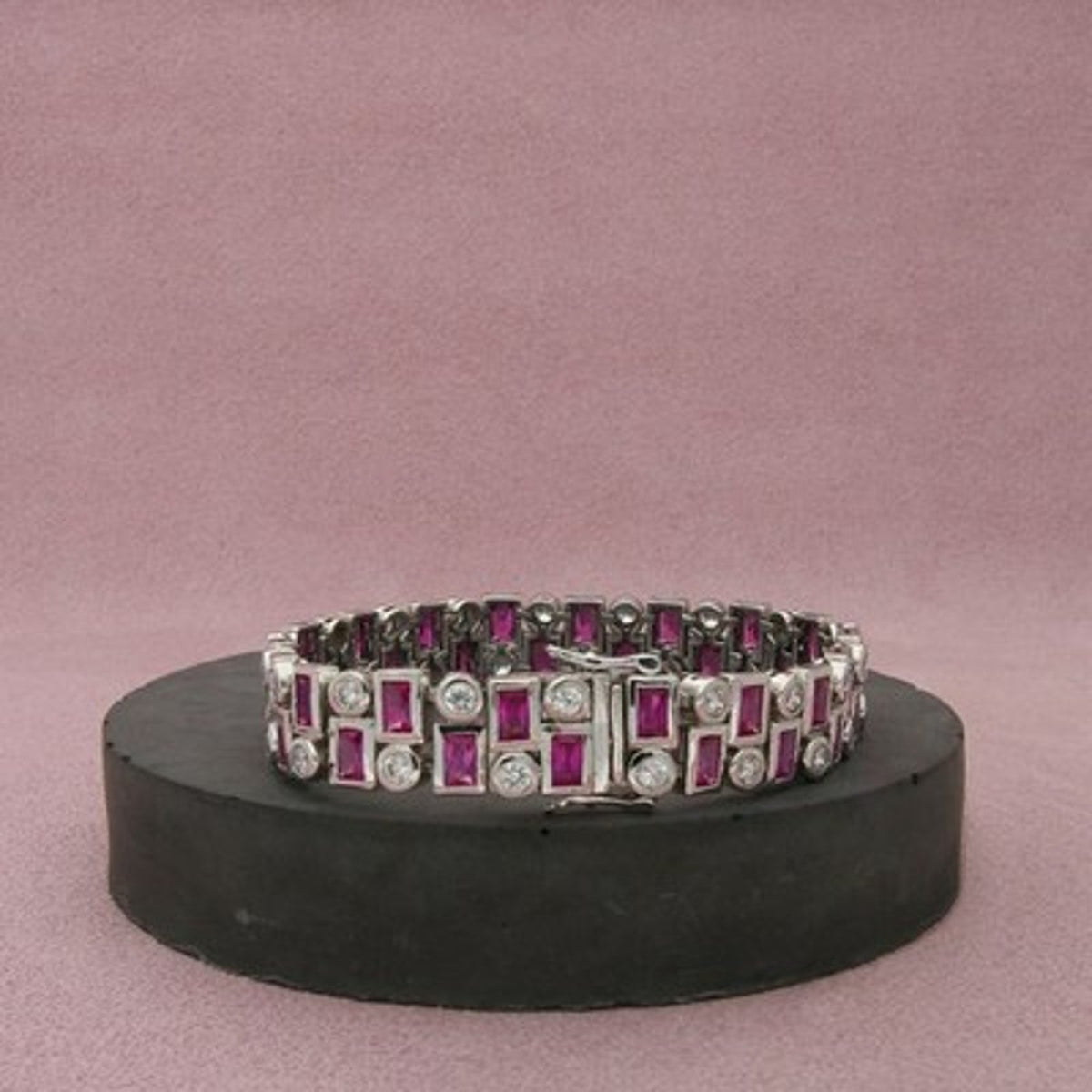 Sterling Silver Bezel-Set Red Ruby & C Z Two Row Tennis Bracelet Size 7in