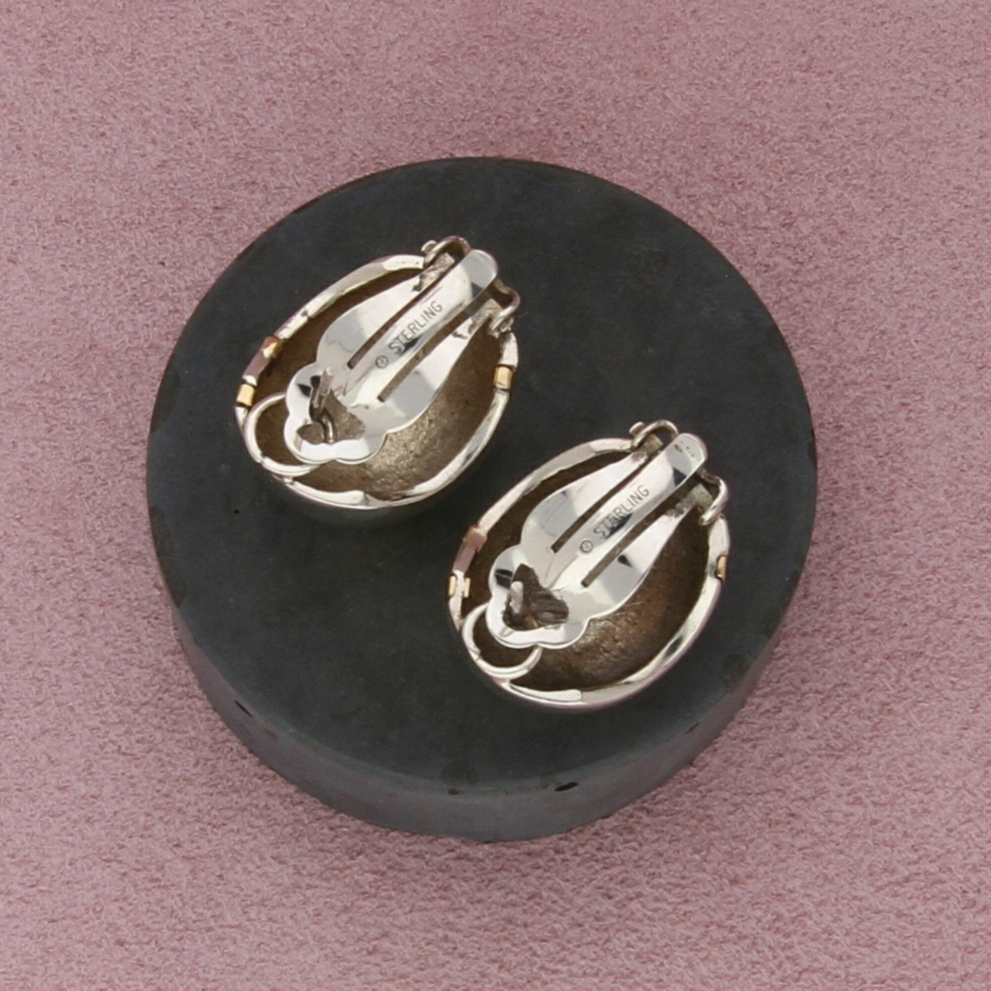 sterling silver & 14k gold striped dome omega-back earrings