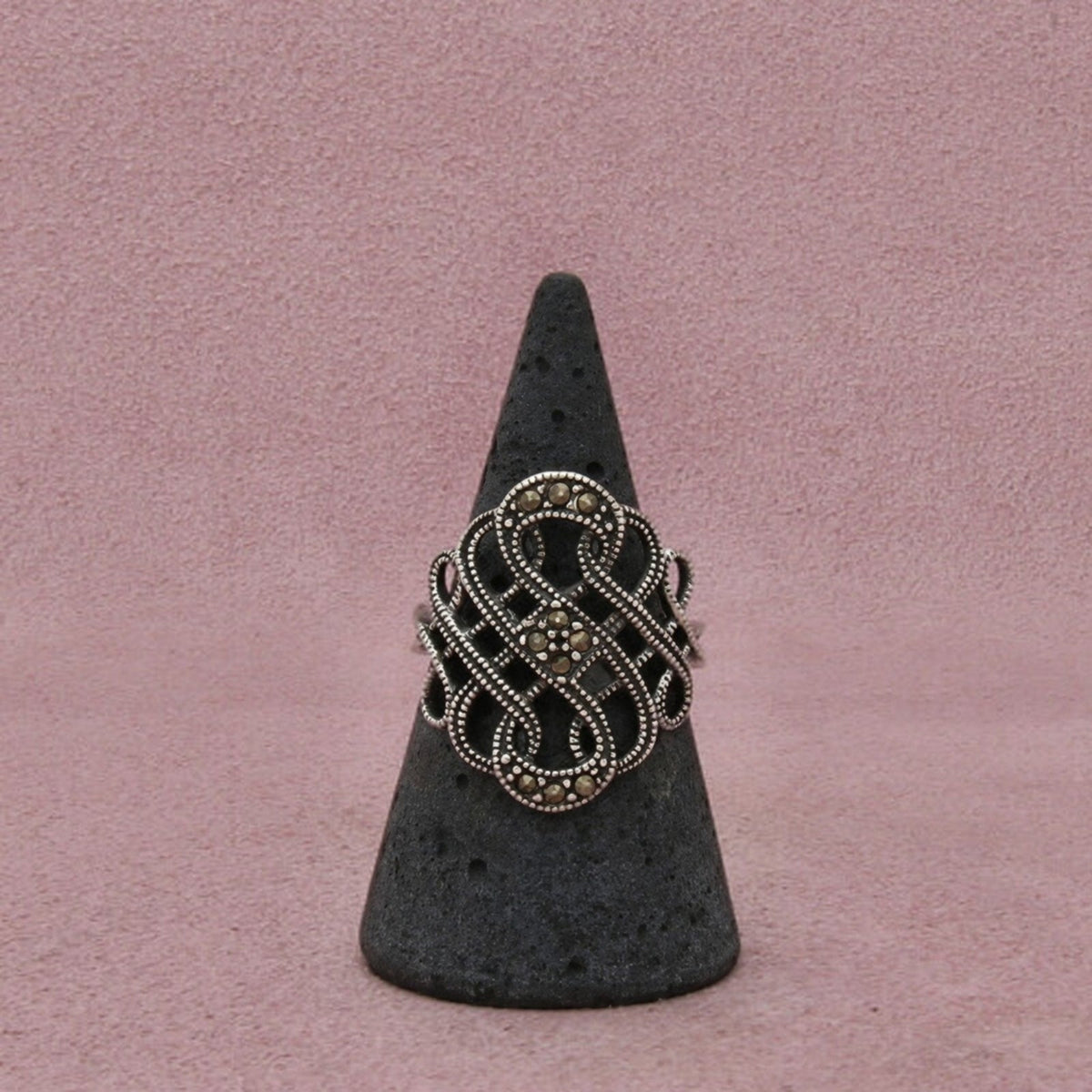 Sterling Silver Marcasite Interlaced Openwork Beaded Border Ring Size 8