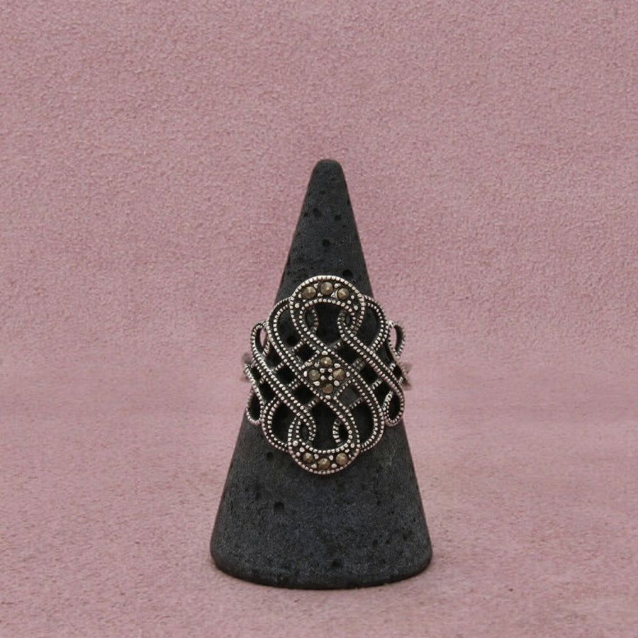 Sterling Silver Marcasite Interlaced Openwork Beaded Border Ring Size 8