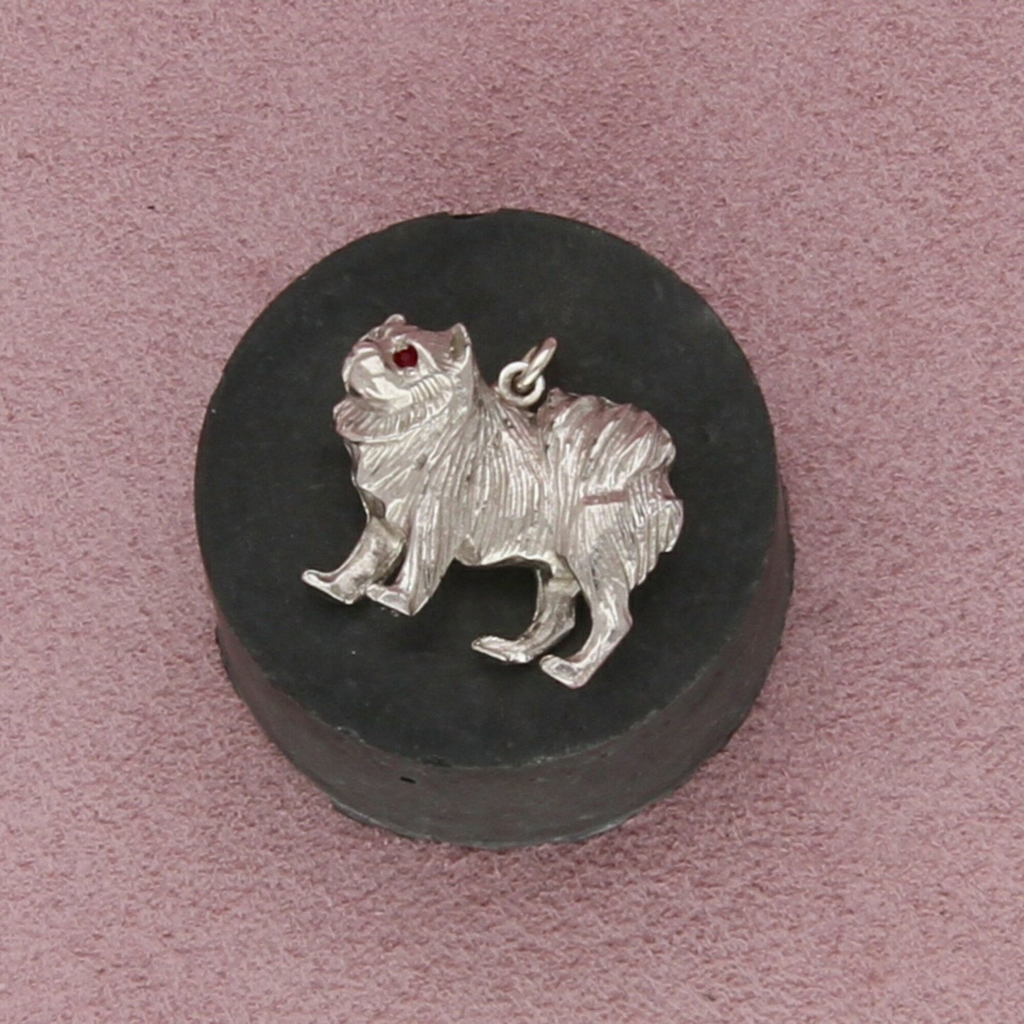 sterling silver vintage garnet eyes long haired dog pendant