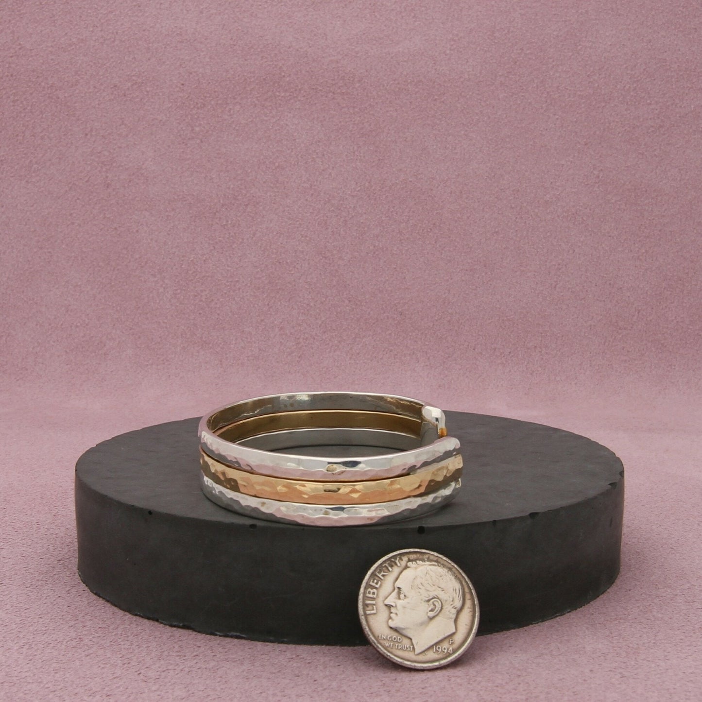 sterling silver & 12k gold filled vintage hammered cuff bracelet size 5.75in