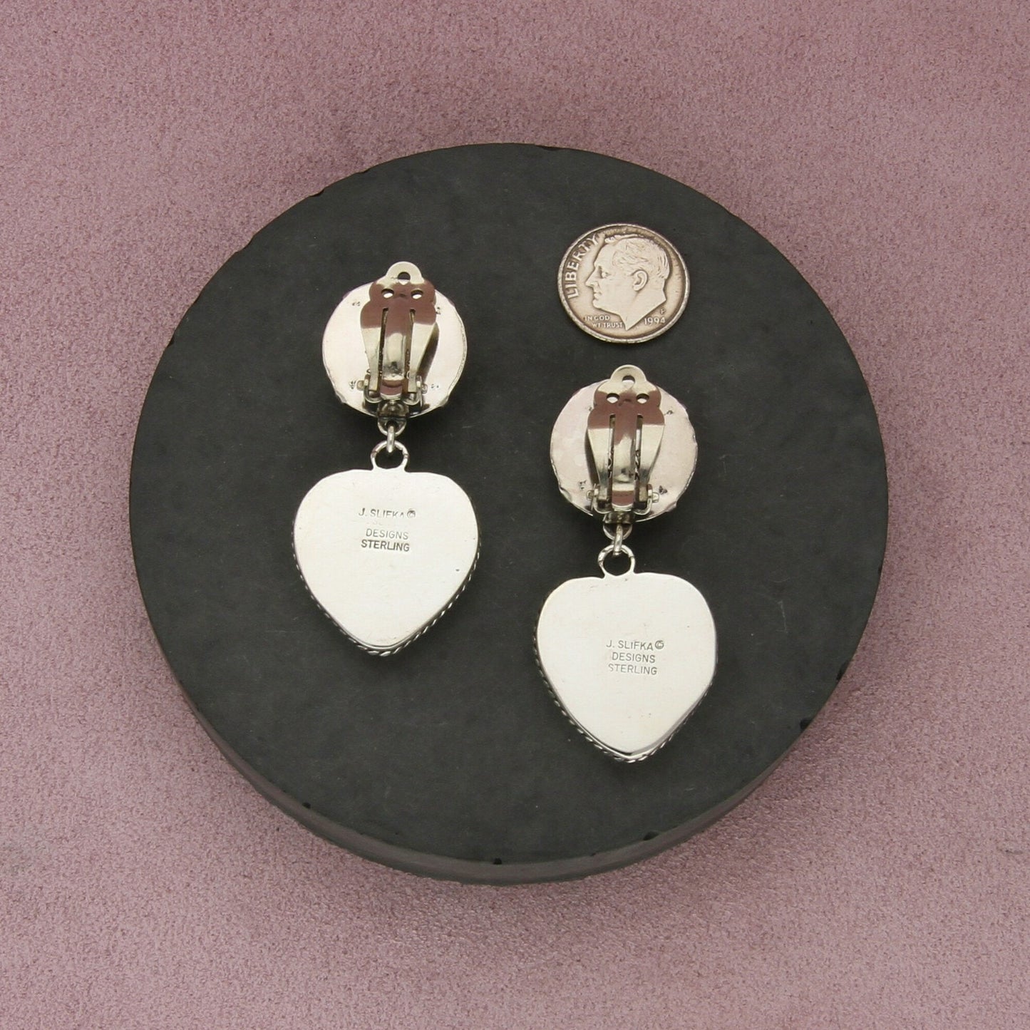 joan slifka sterling silver vintage braided onyx heart dangle clip-on earrings