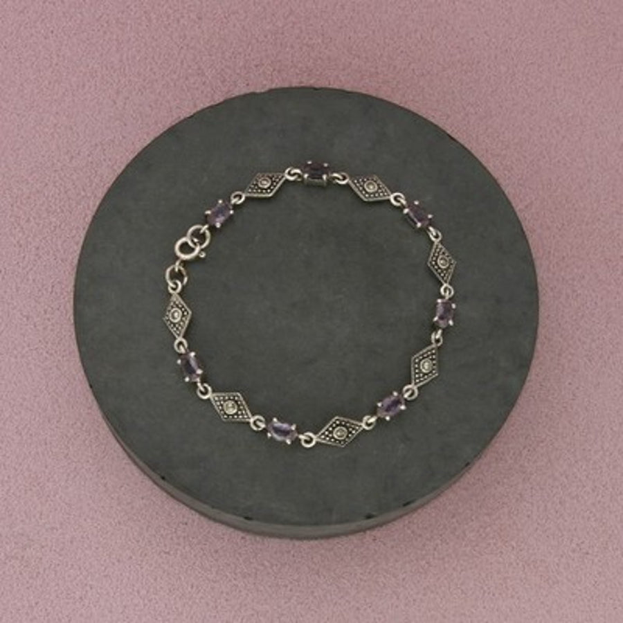 Sterling Silver Gray Marcasite & Oval Amethyst Link Bracelet Size 6.75in