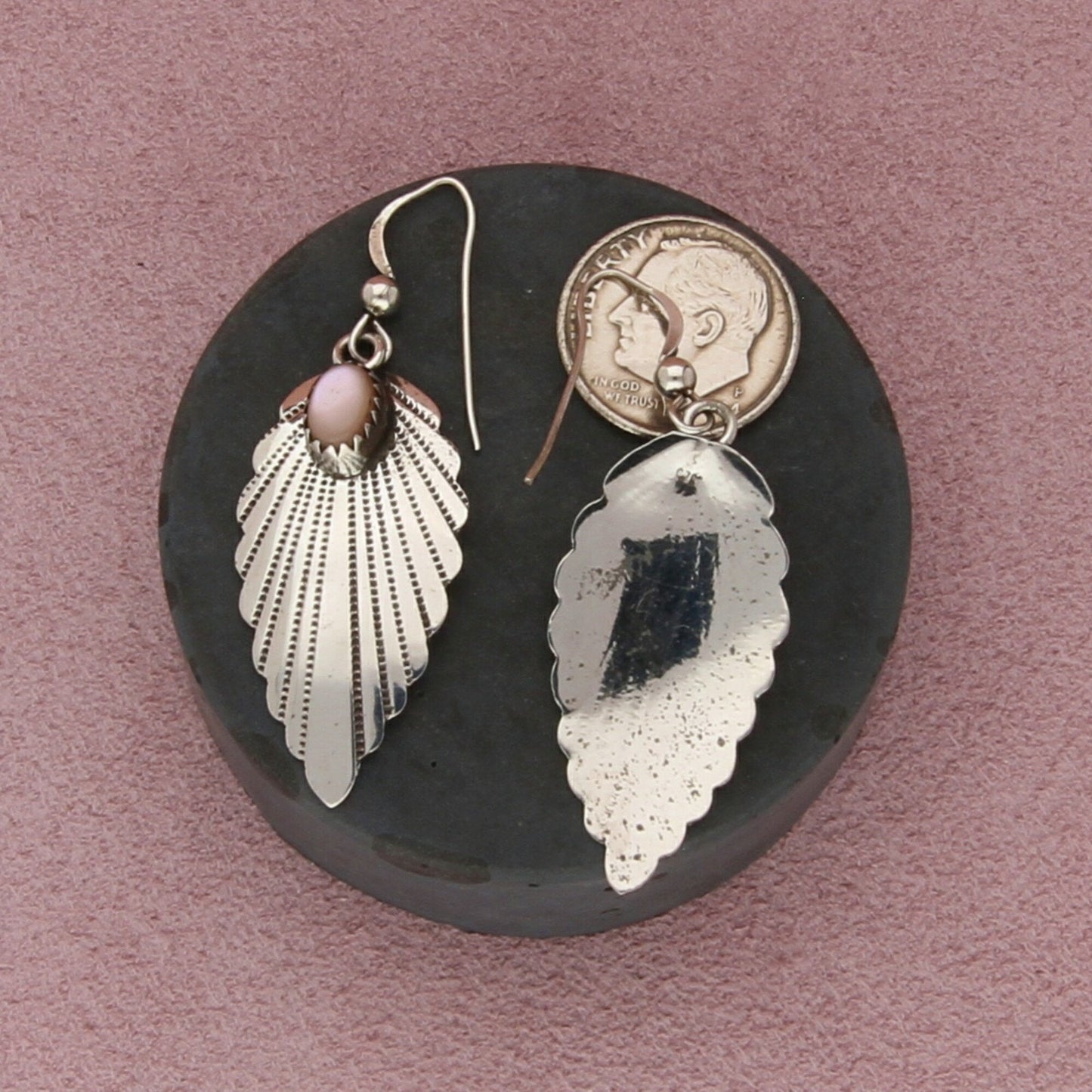 navajo sterling silver vintage pink mother-of-pearl dangle earrings