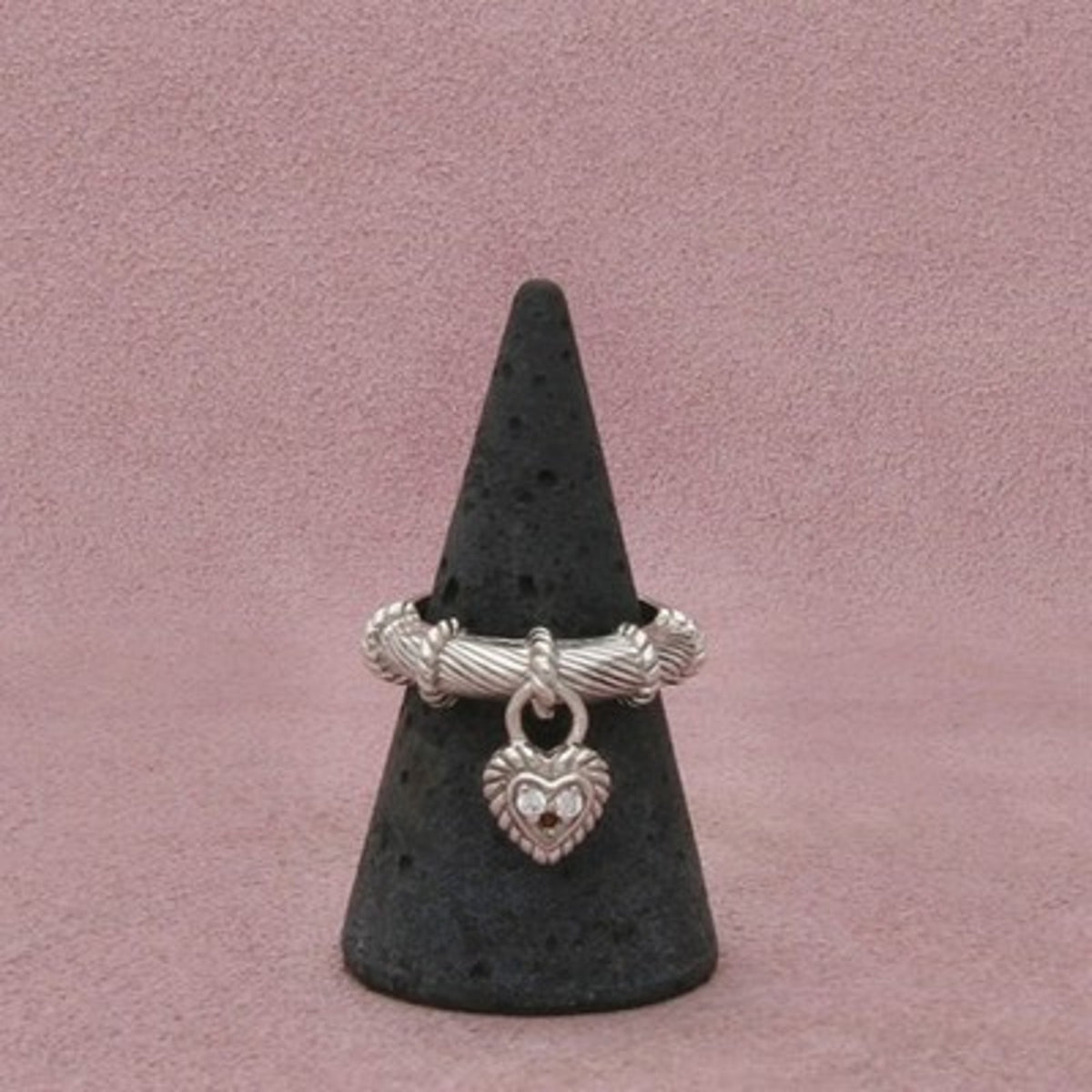 Judith Ripka Sterling Silver Diamonique C Z Heart Dangle Rope Band Ring Size 7