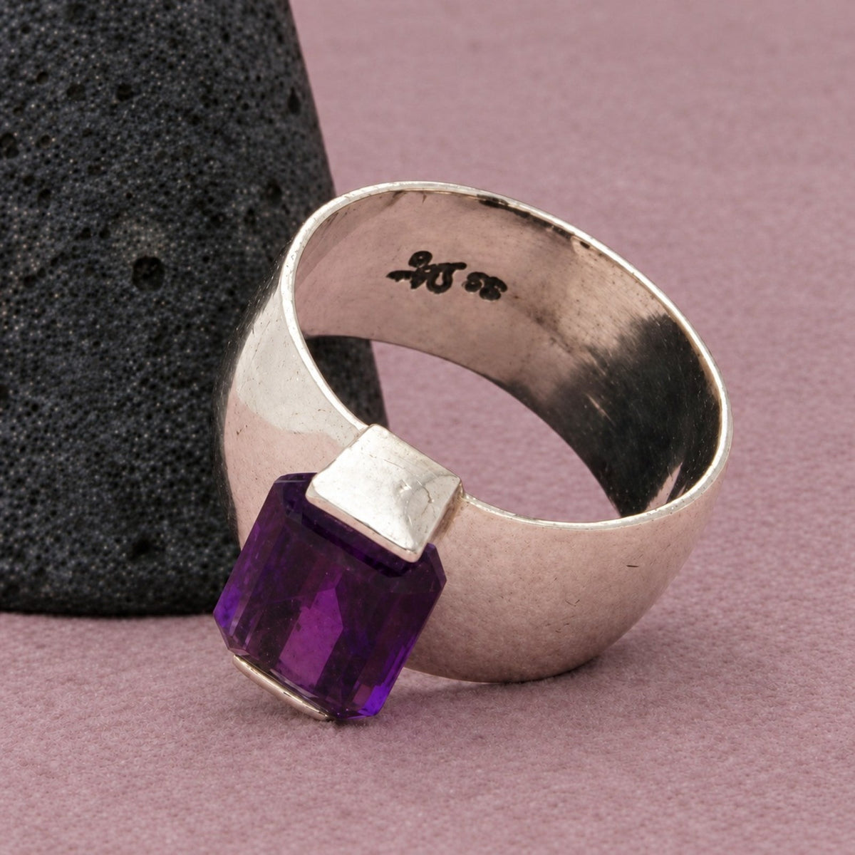 Sterling Silver Vintage Amethyst Rectangular-Cut Wide Polished Band Ring Size 9