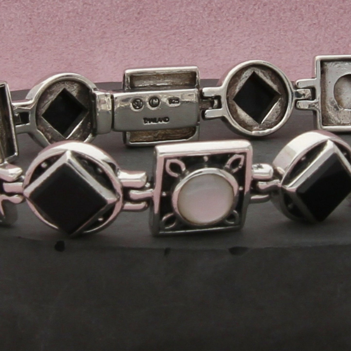 sterling silver onyx & mother of pearl bracelet size 7.25in
