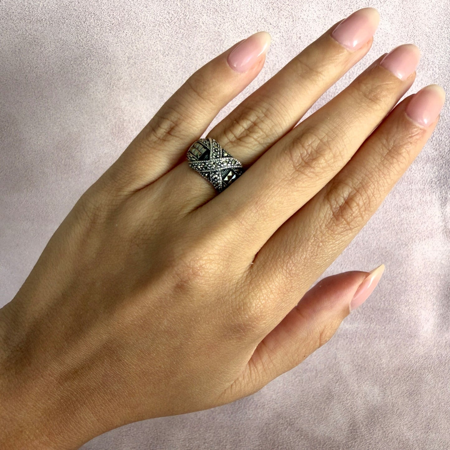 sterling silver marcasite studded x dome ring size 5.5