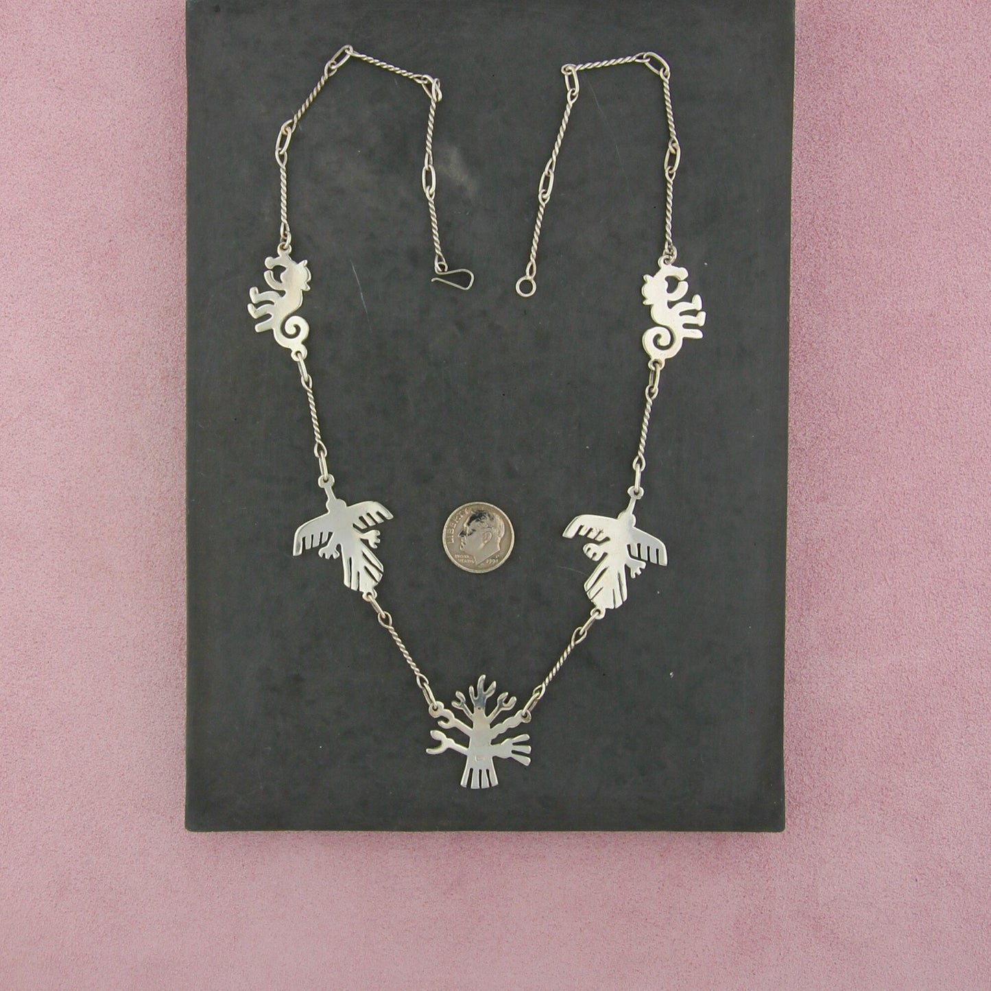 sterling silver vintage monkey & thunderbird link necklace size 21in