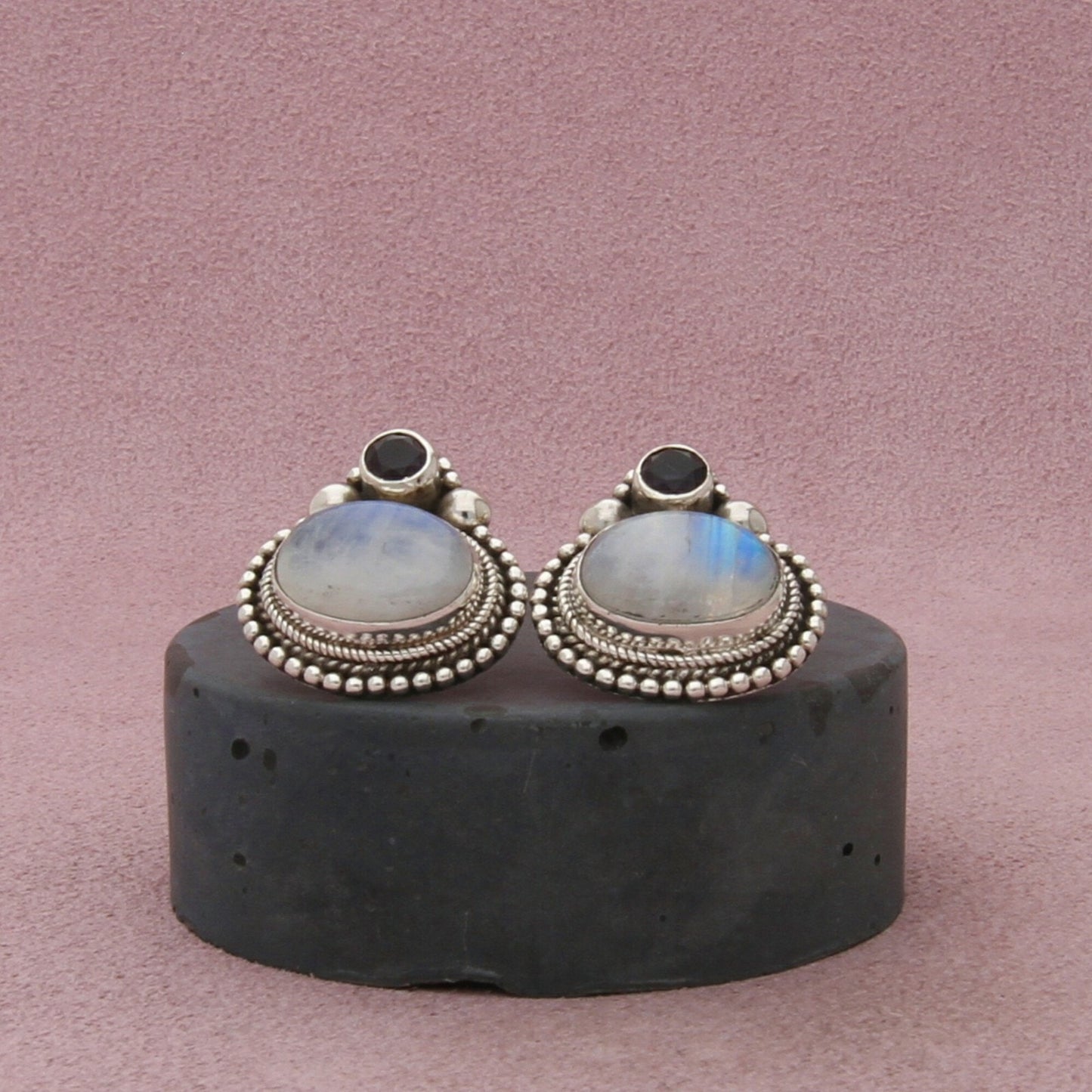 sterling silver bali beaded moonstone & amethyst post earrings