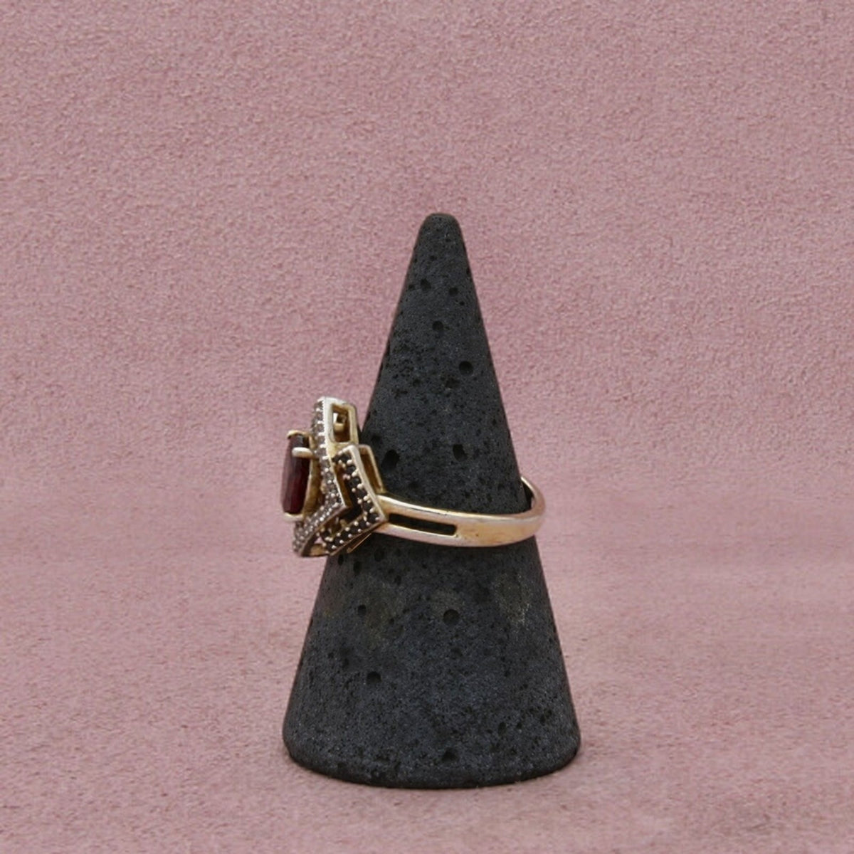 Sterling Silver Gold Plate Garnet & Cz & Black Spinel Geometric Halo Ring 7