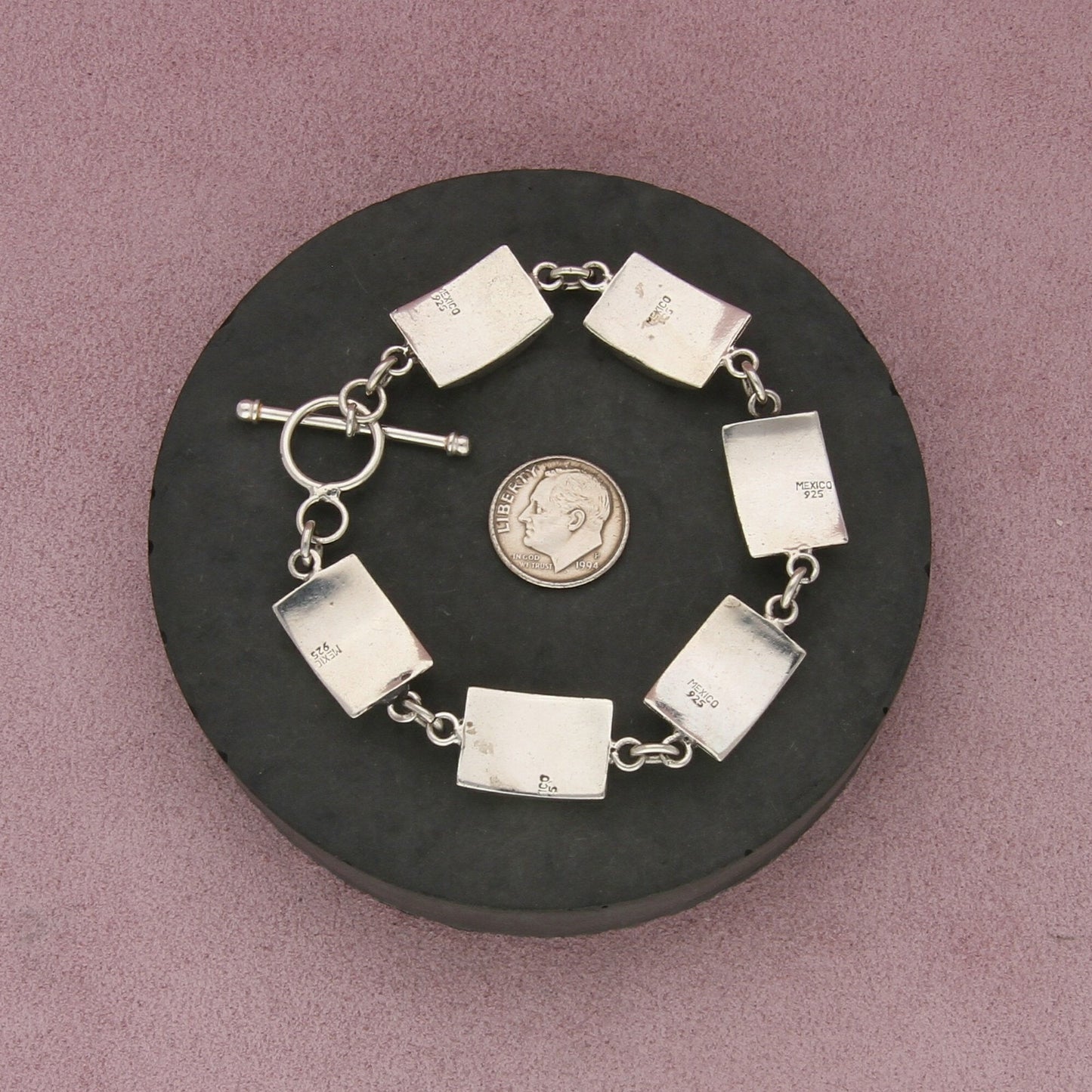 mexico sterling silver vintage onyx square toggle bracelet size 7.5in