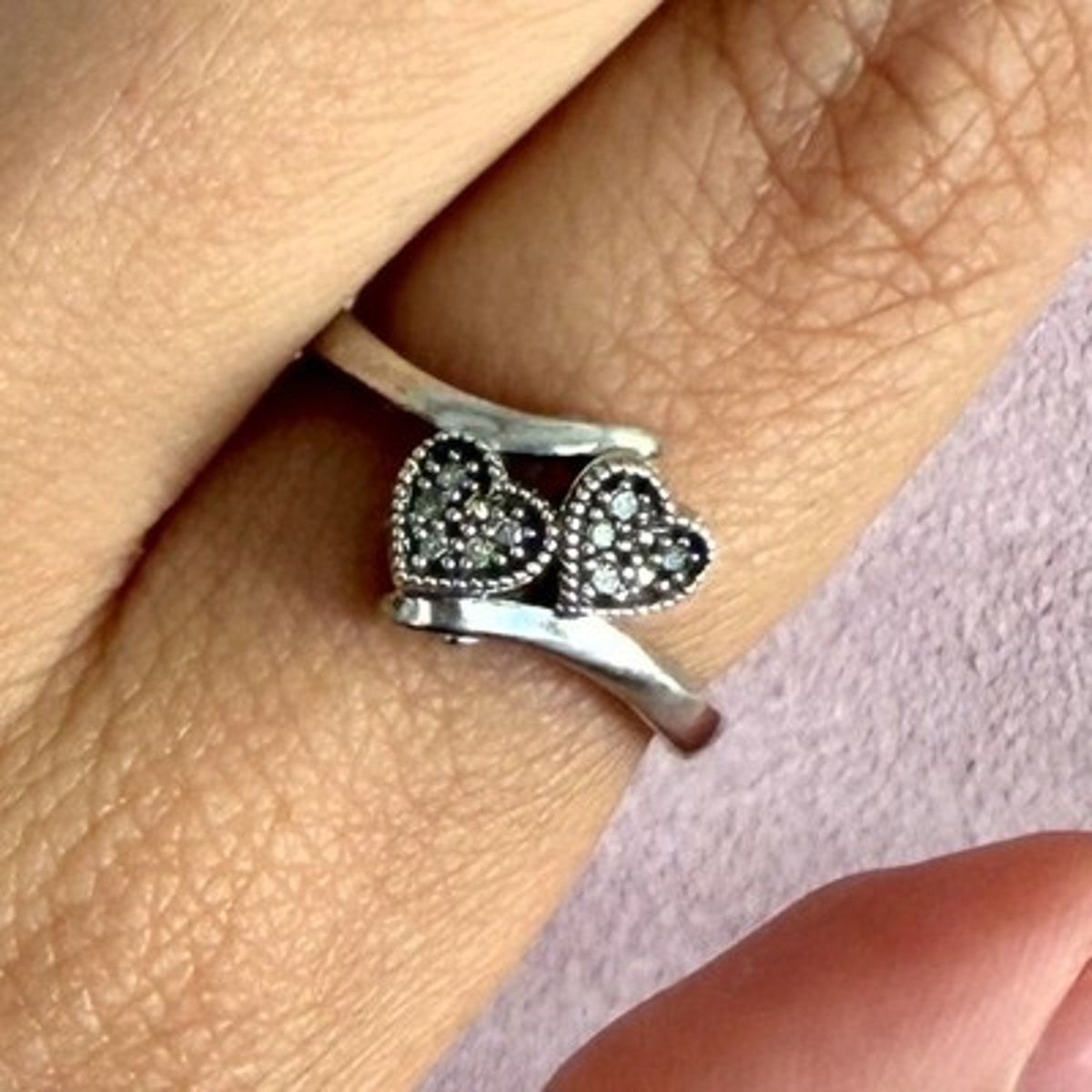 Sterling Silver Pave Diamond Hearts Ring Size 6.75