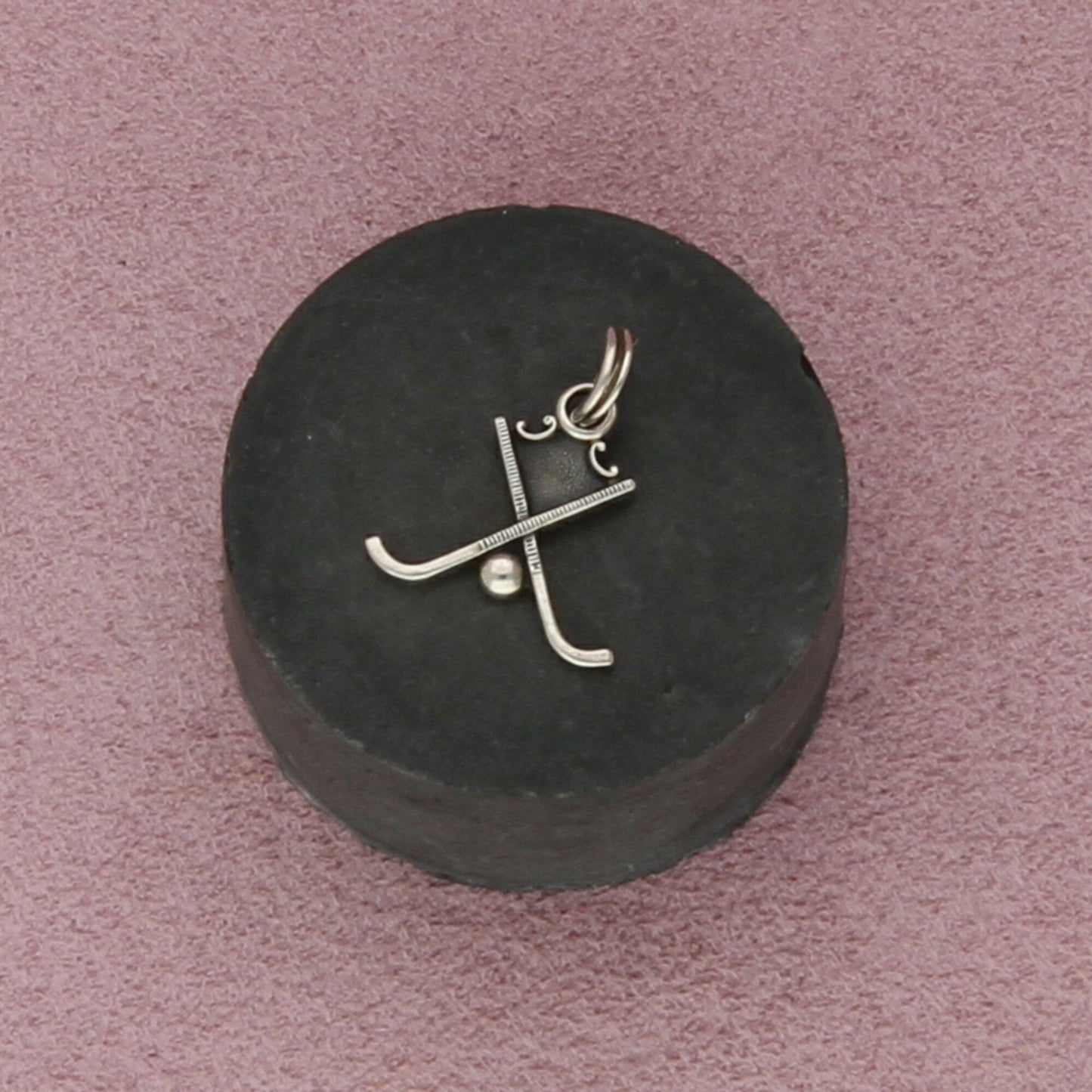 sterling silver vintage hockey sticks & puck charm pendant
