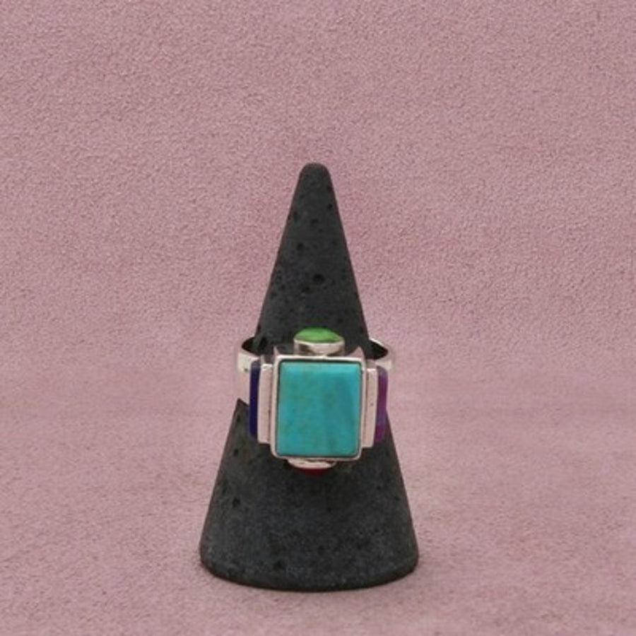 Sterling Silver Vintage SW Bezel Turquoise & Coral Lapis Gaspite Ring Size 7