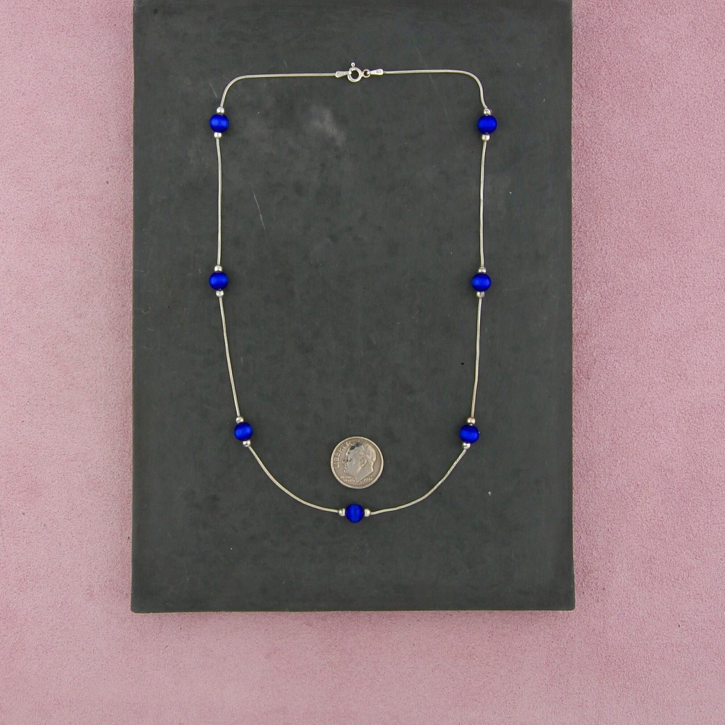sterling silver blue cats eye bead station necklace size 17in