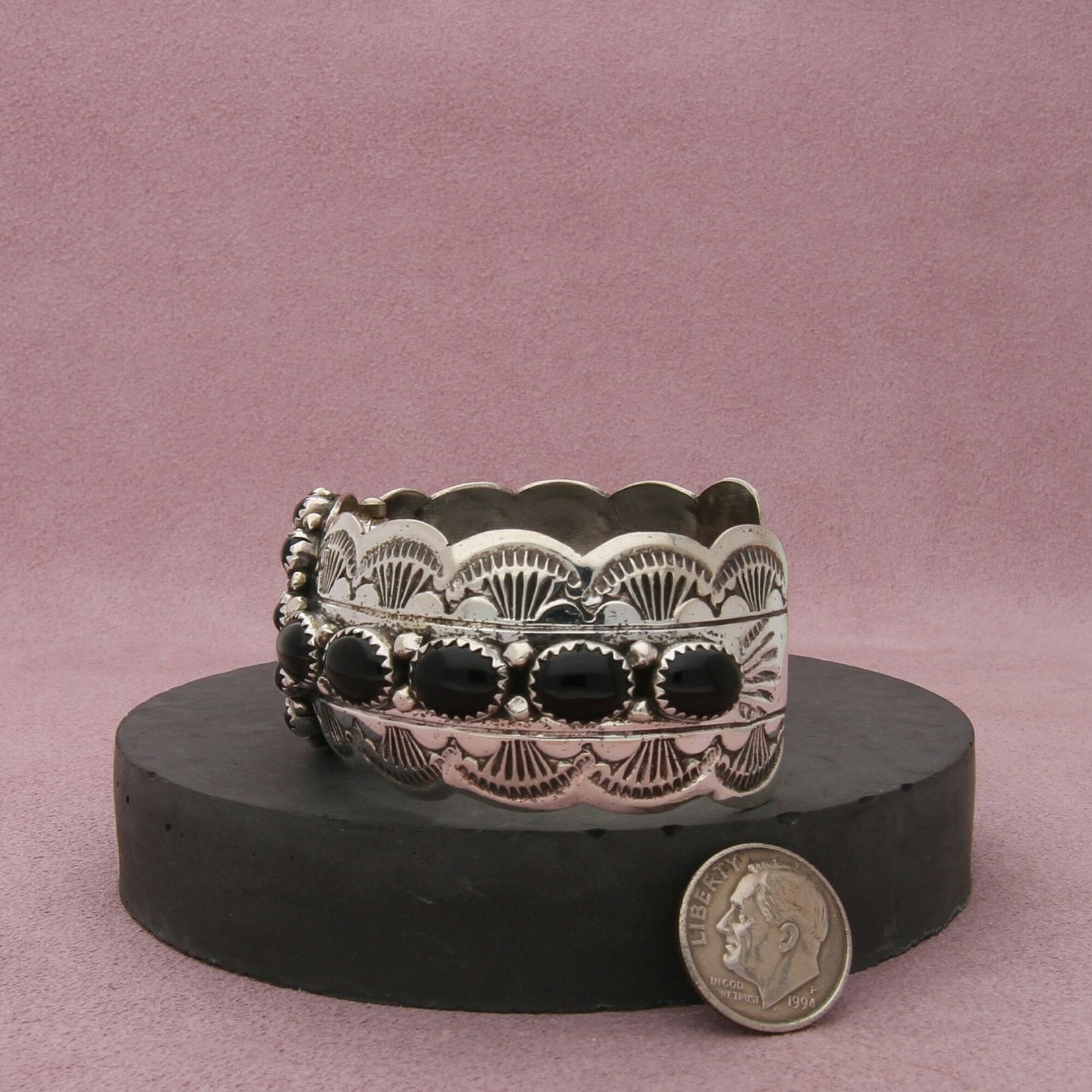navajo sterling silver vtg wilbert benally onyx watch cuff bracelet size 6.75in