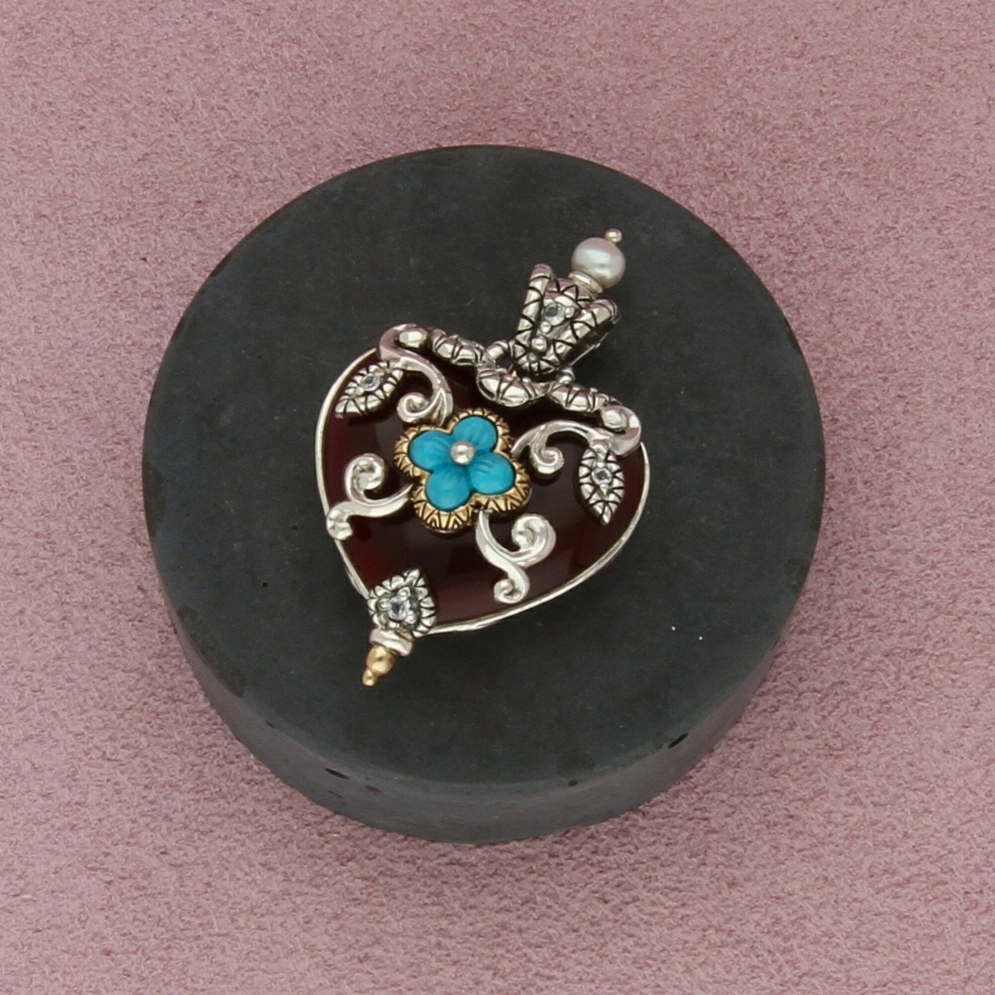 barbara bixby sterling silver & 18k gold turquoise carnelian pearl heart pendant