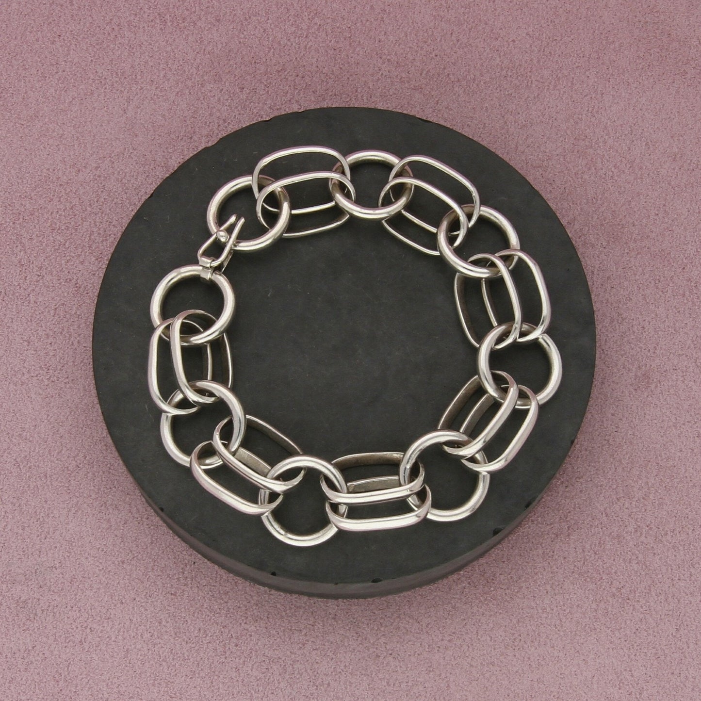 sterling silver vintage oval & circle link chain bracelet size 7.5in