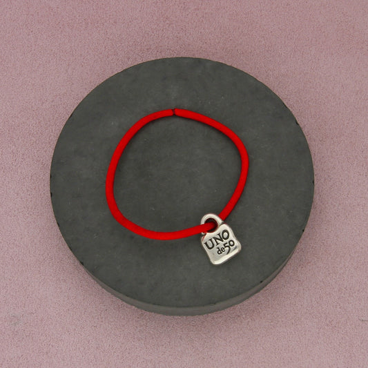 uno de 50 silver plated small padlock on red cord bracelet size 6in