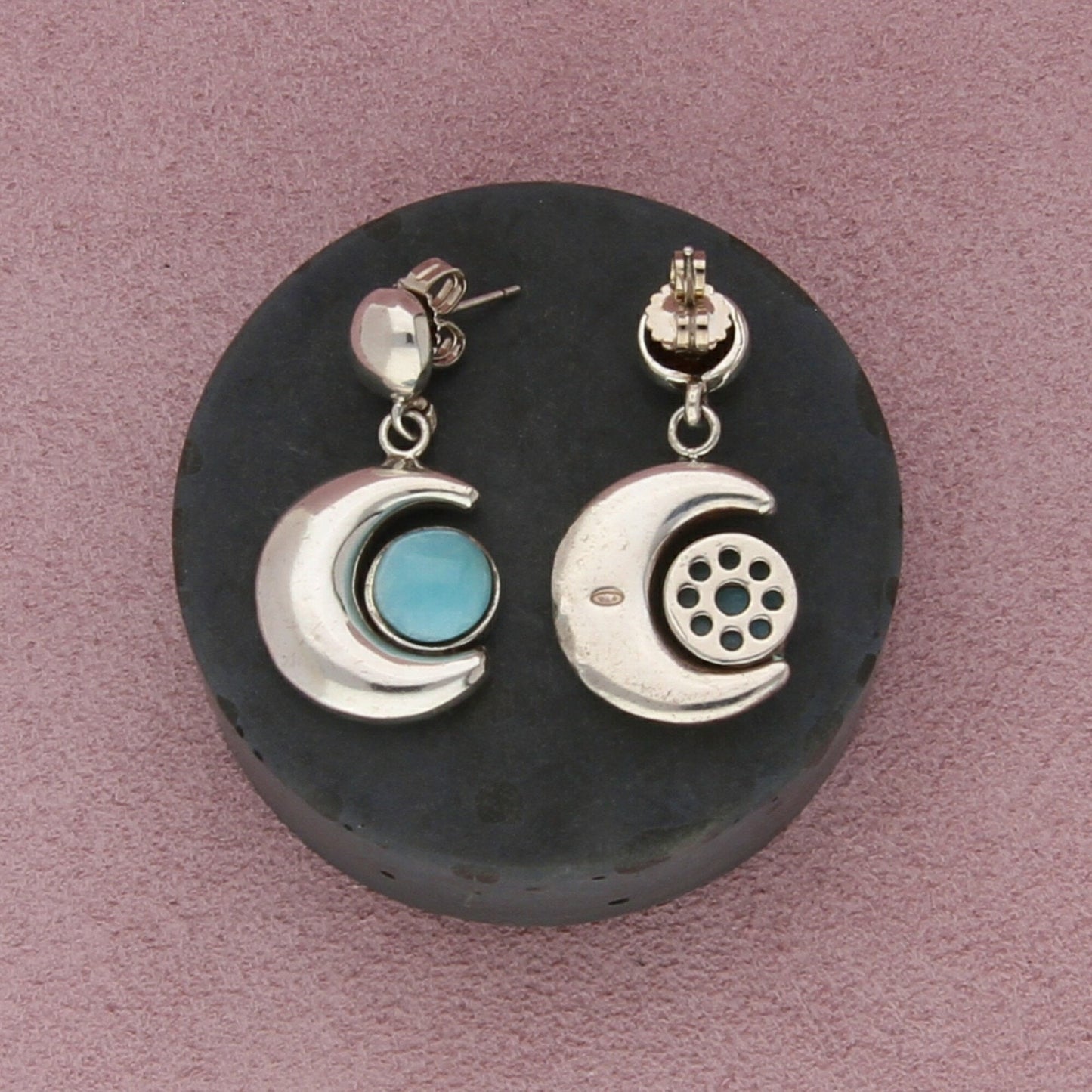 sterling silver blue larimar crescent dangle post earrings