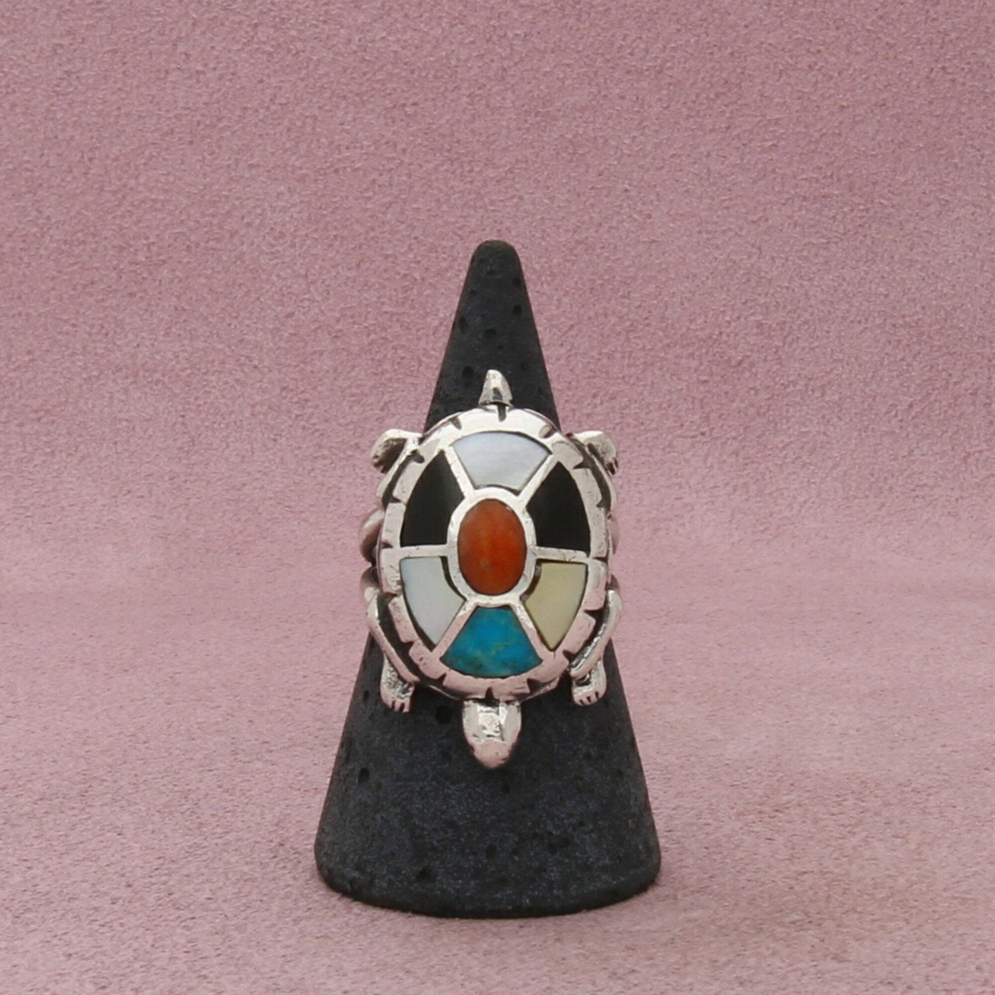 navajo sterling silver vintage turquoise onyx spiny oyster turtle ring size 7.75
