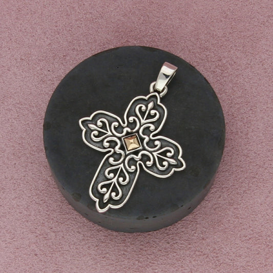 james avery sterling silver & 14k gold retired ornate scroll cross pendant