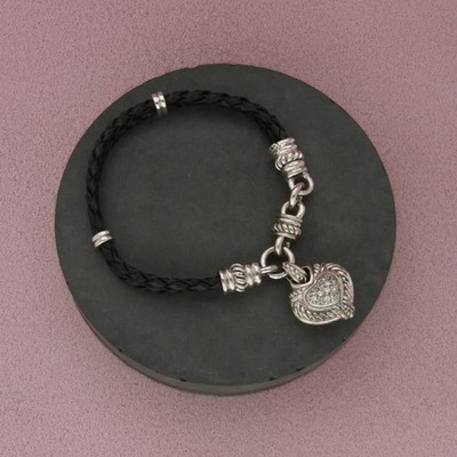 Judith Ripka Sterling Silver C Z Black Leather Heart Charm Bracelet Size 6.5in