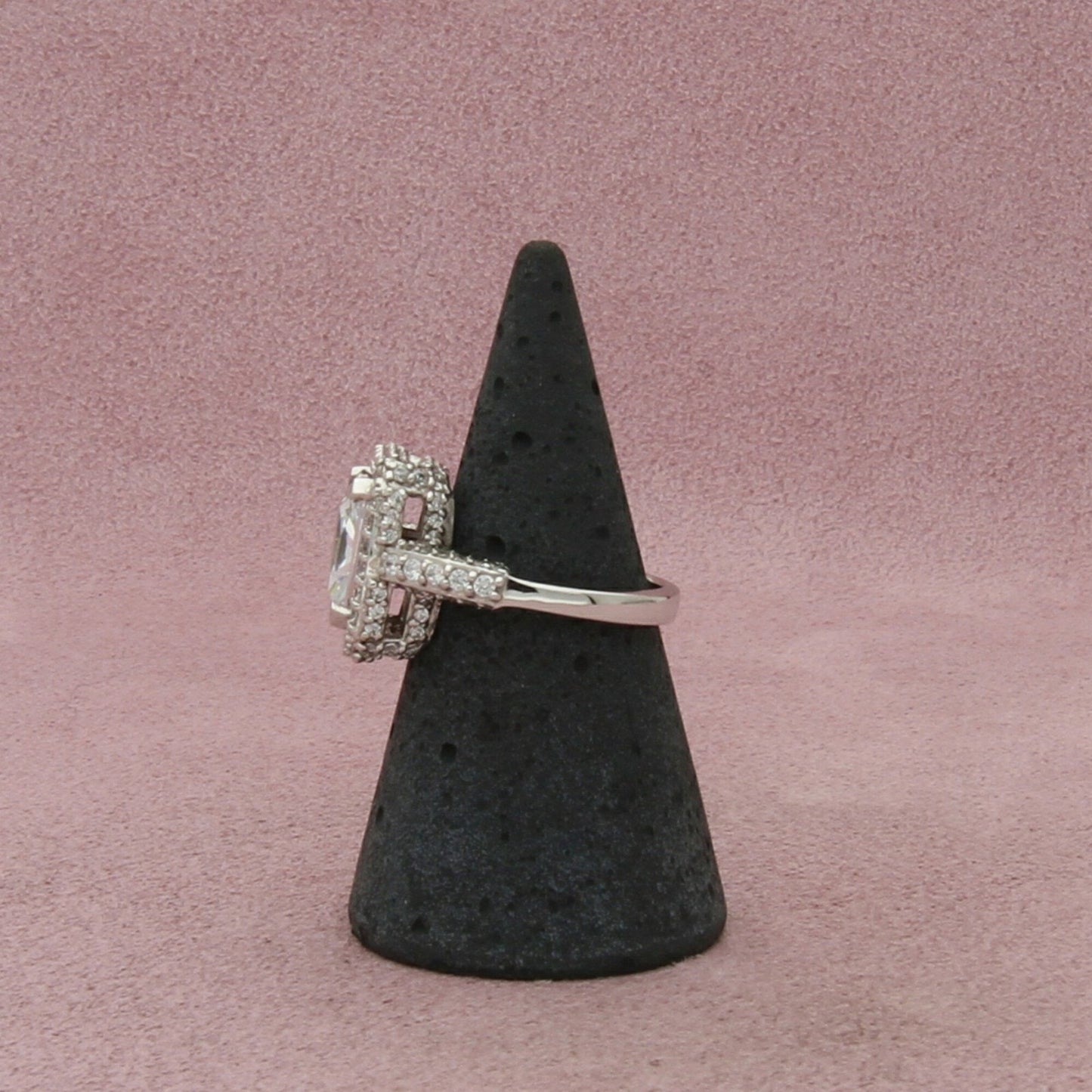 sterling silver emeerald-cut cz & halo engagement ring size 6
