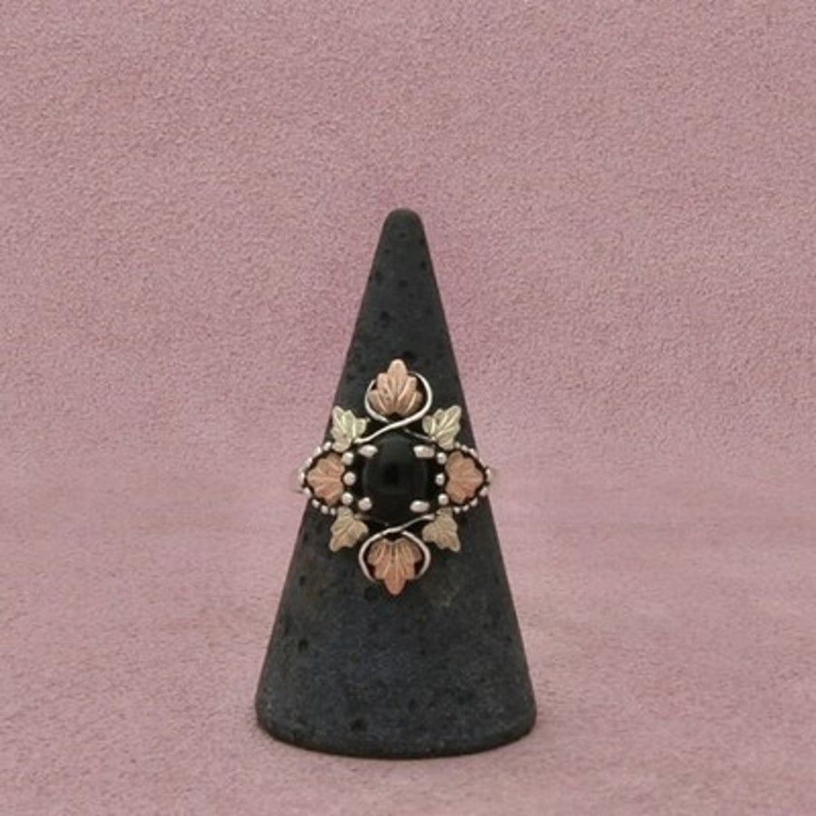 Black Hills Sterling Silver & 12K Gold Cabochon Black Onyx Leaves Ring Size 7.5