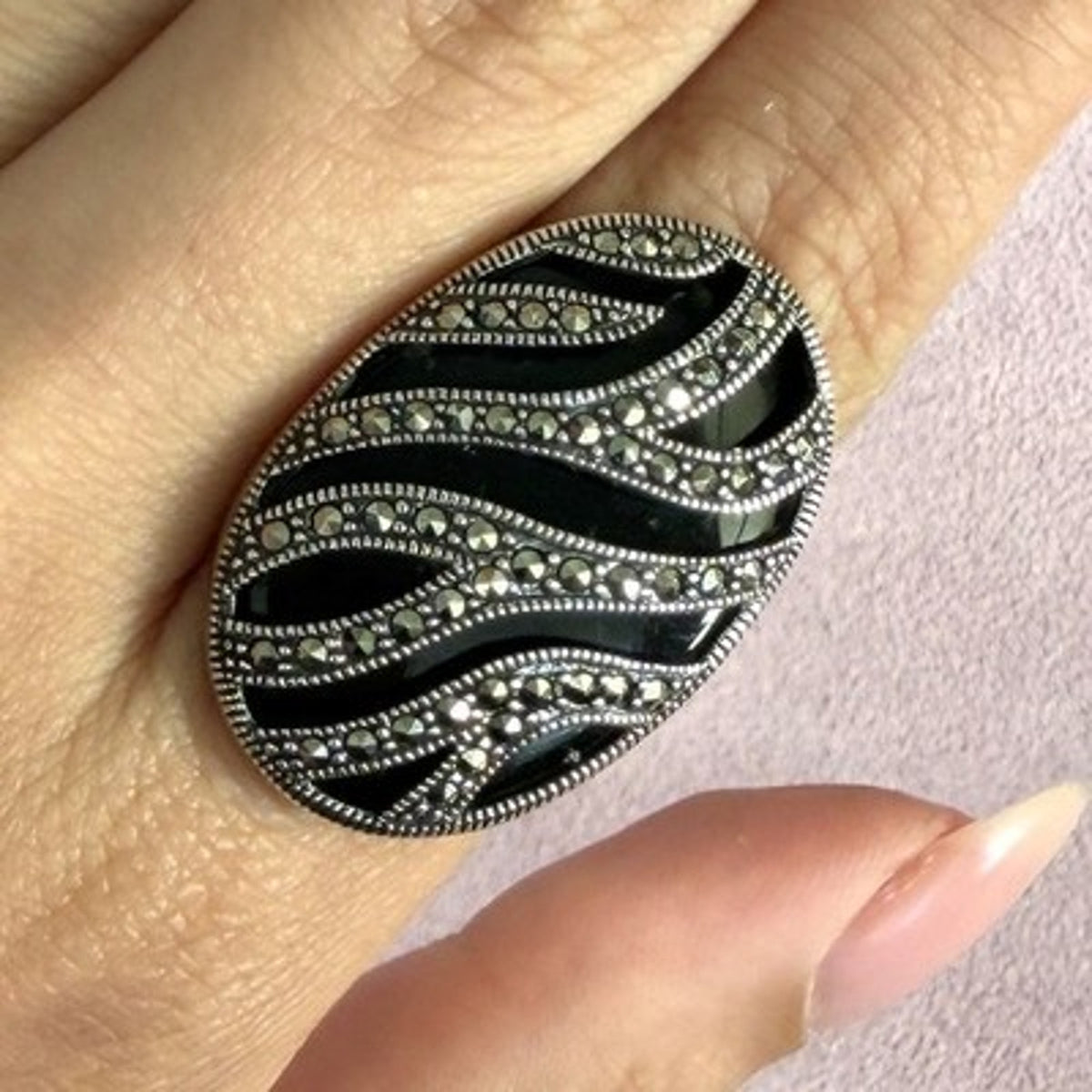 Judith Jack Sterling Silver Onyx & Marcasite Studded Zebra Stripes Ring Size 6
