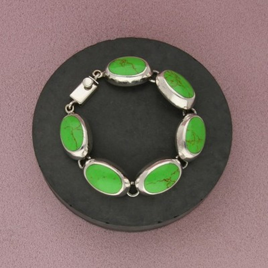 Mexico Sterling Silver Vintage Bezel-Set Oval Gaspeite Link Bracelet Size 7in