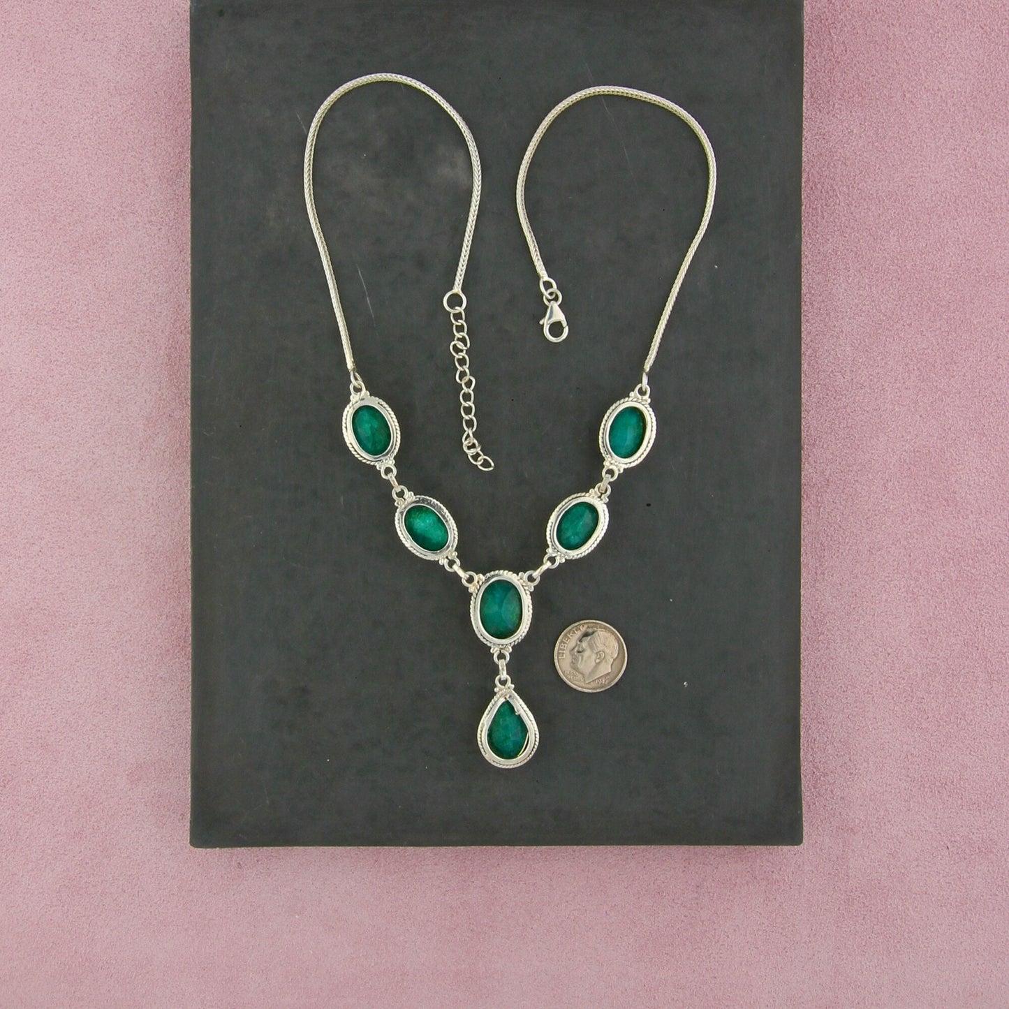 sterling silver braided emerald drop necklace size 17.5-19.5in